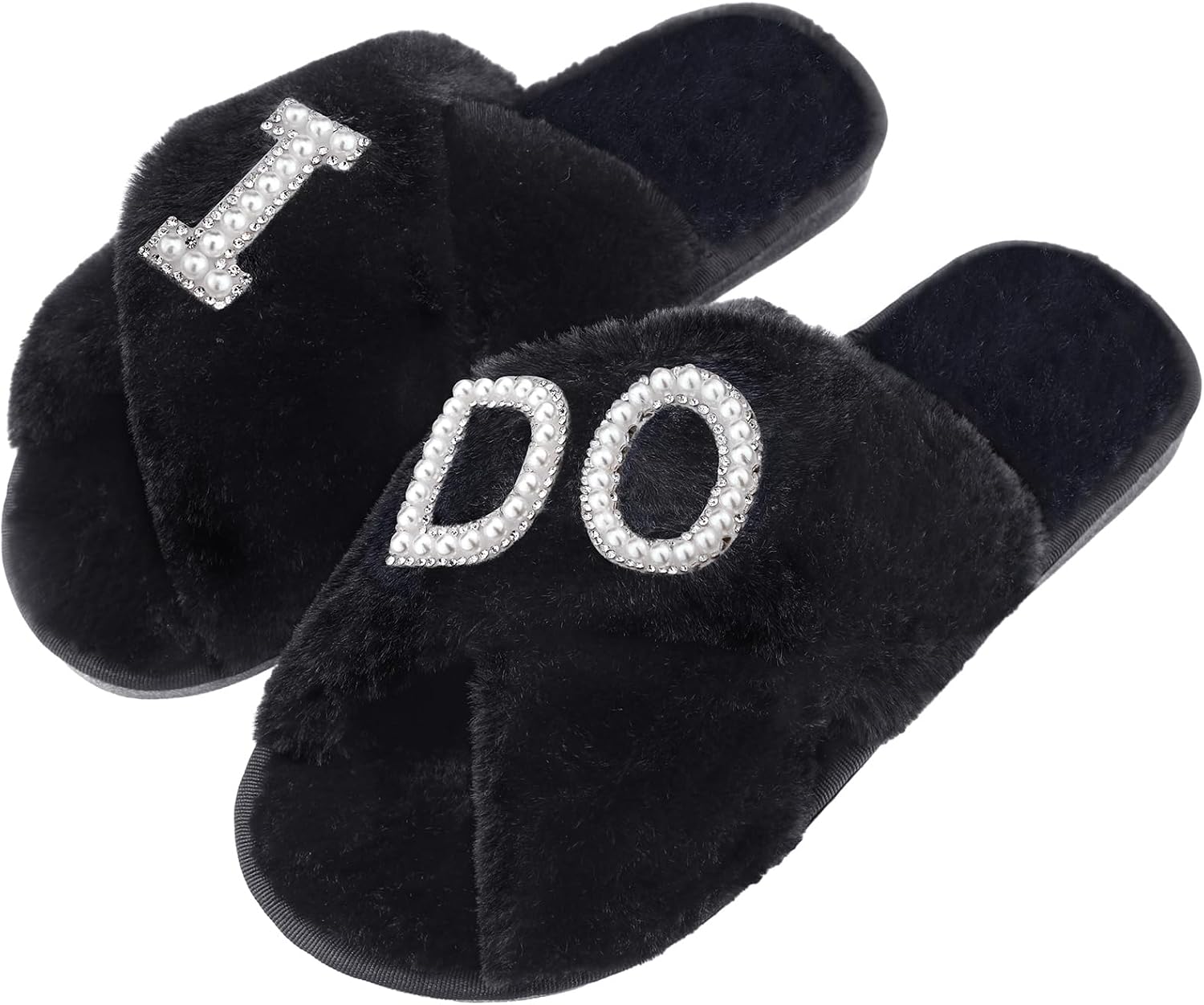 Xuhal Bride Slippers I Do Slippers Women's Wedding Shoes for Bride Plush Furry Warm White Open Toe Cozy Fluffy Bridal Party Wedding Fuzzy Soft House for Bachelorette Party