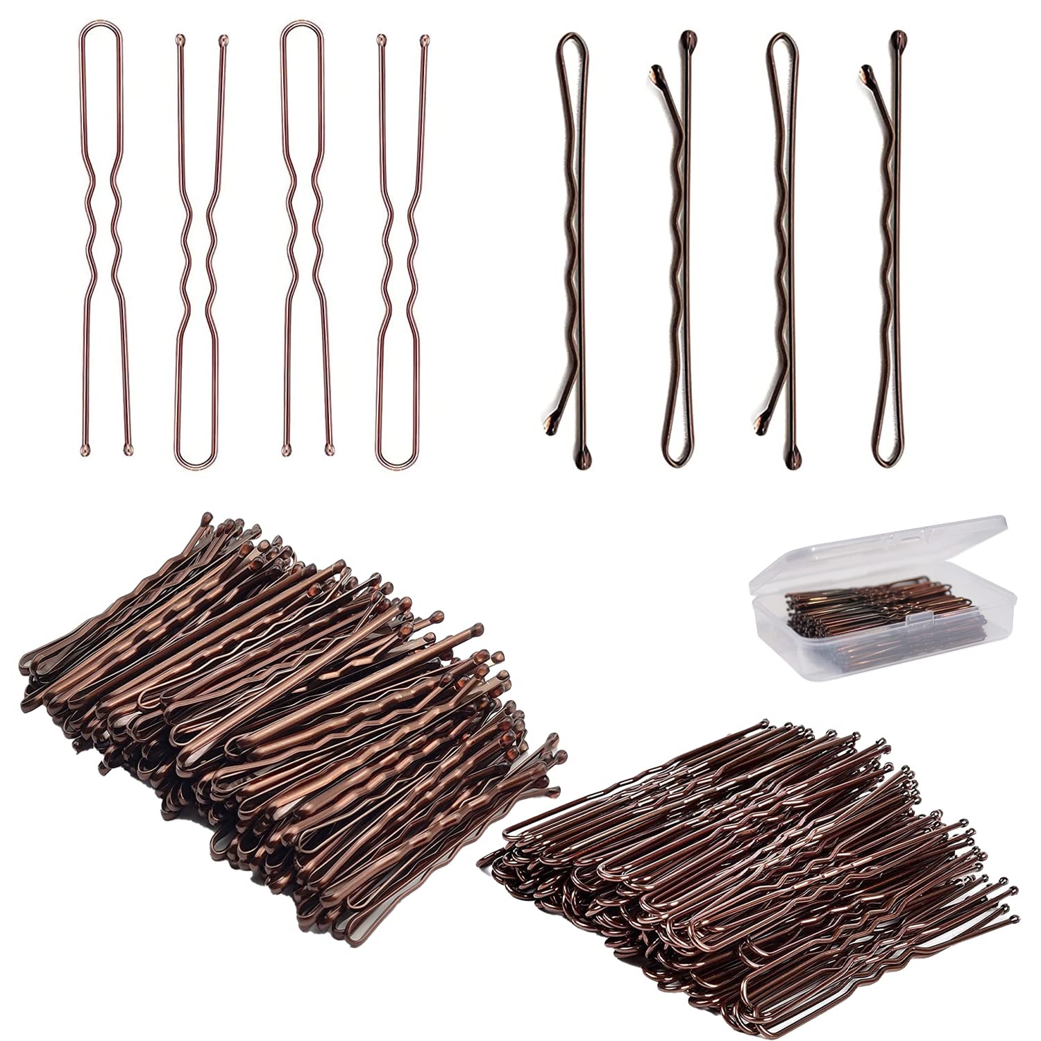 JZSU Shaped Hair Pins, Bobby Pins Hair Clips Hair for Buns Kit Hair Clips Secure Hold for Women Girls and Hairdressing Salon with Clear Storage Box(Brown)