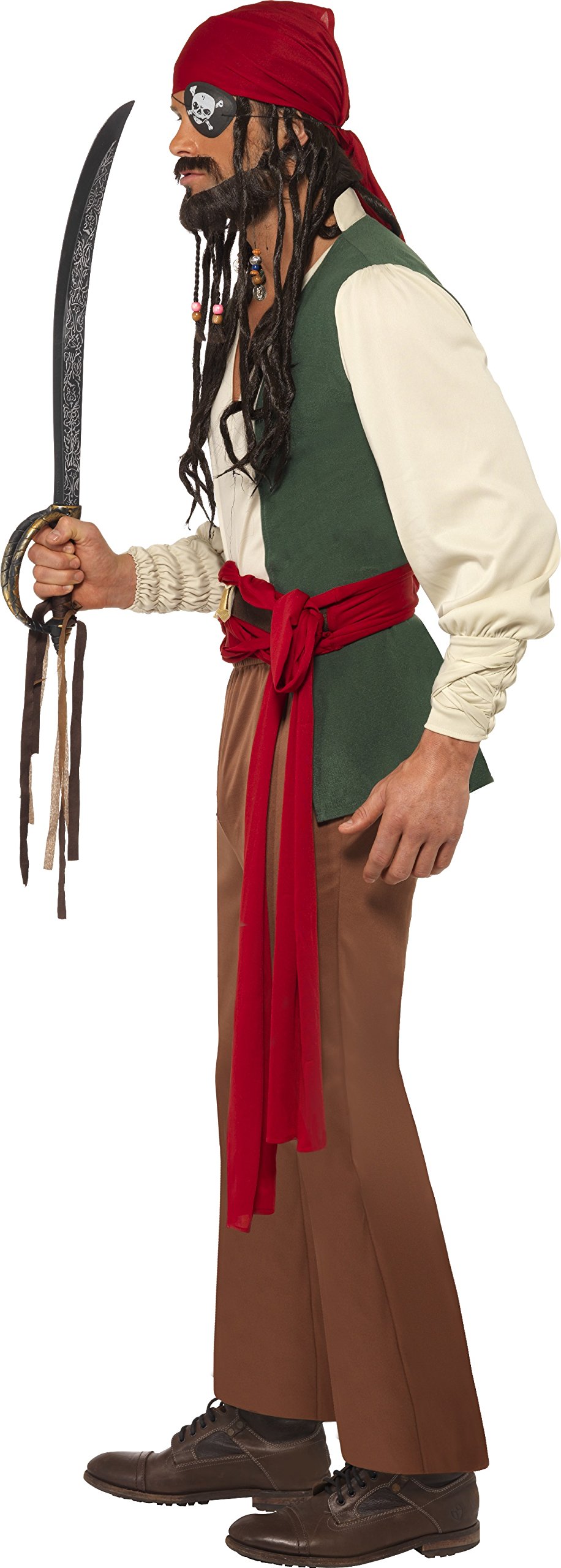 Smiffys Caribbean Drunken Pirate Costume, Green Top, Trousers, Belt with Sash & Headscarf, Pirate Fancy Dress, Pirate Dress Up Costumes