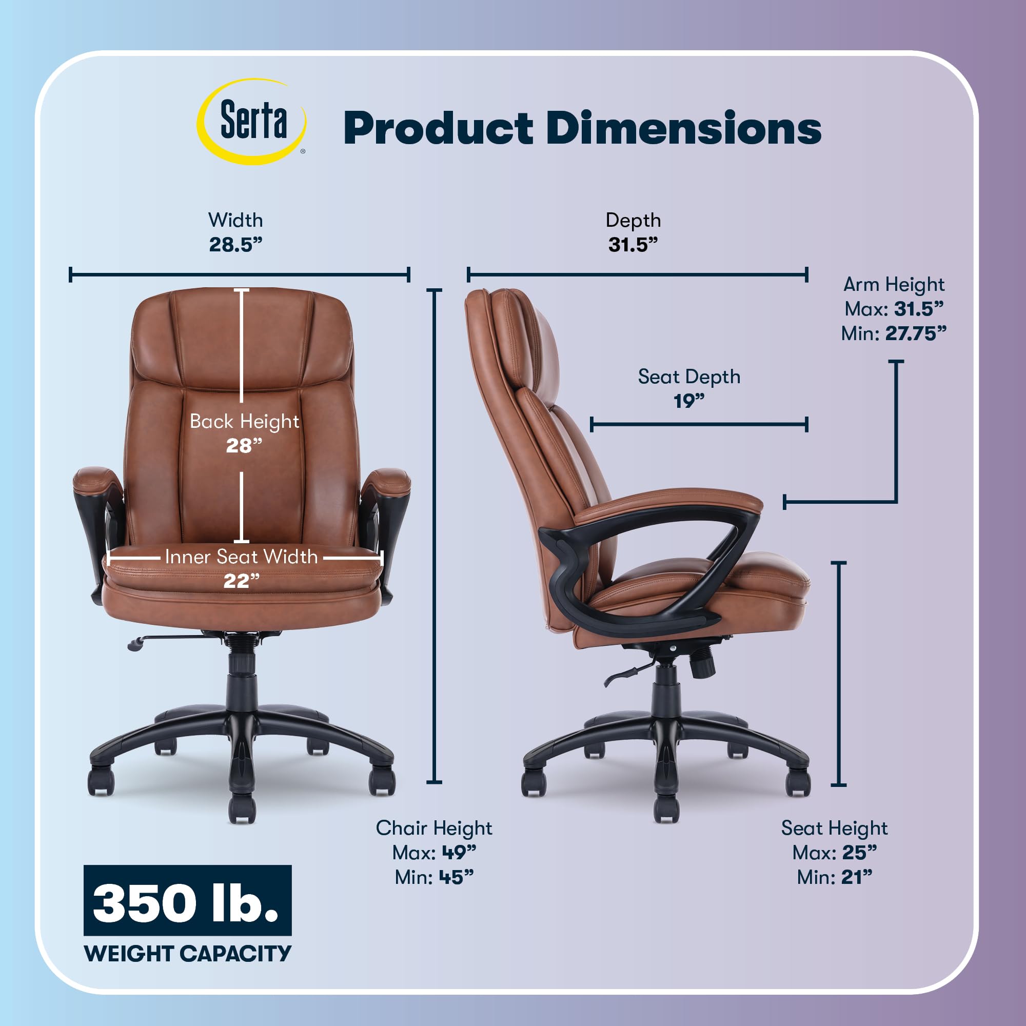 Serta Fairbanks Big & Tall Executive Office Chair, Ergonomic Comfy High-Back ComputerChairs with Lumbar Support, Semi-Plush Seat Cushion, Padded Armrests, Nylon Swivel Base, Bonded Leather, Cognac