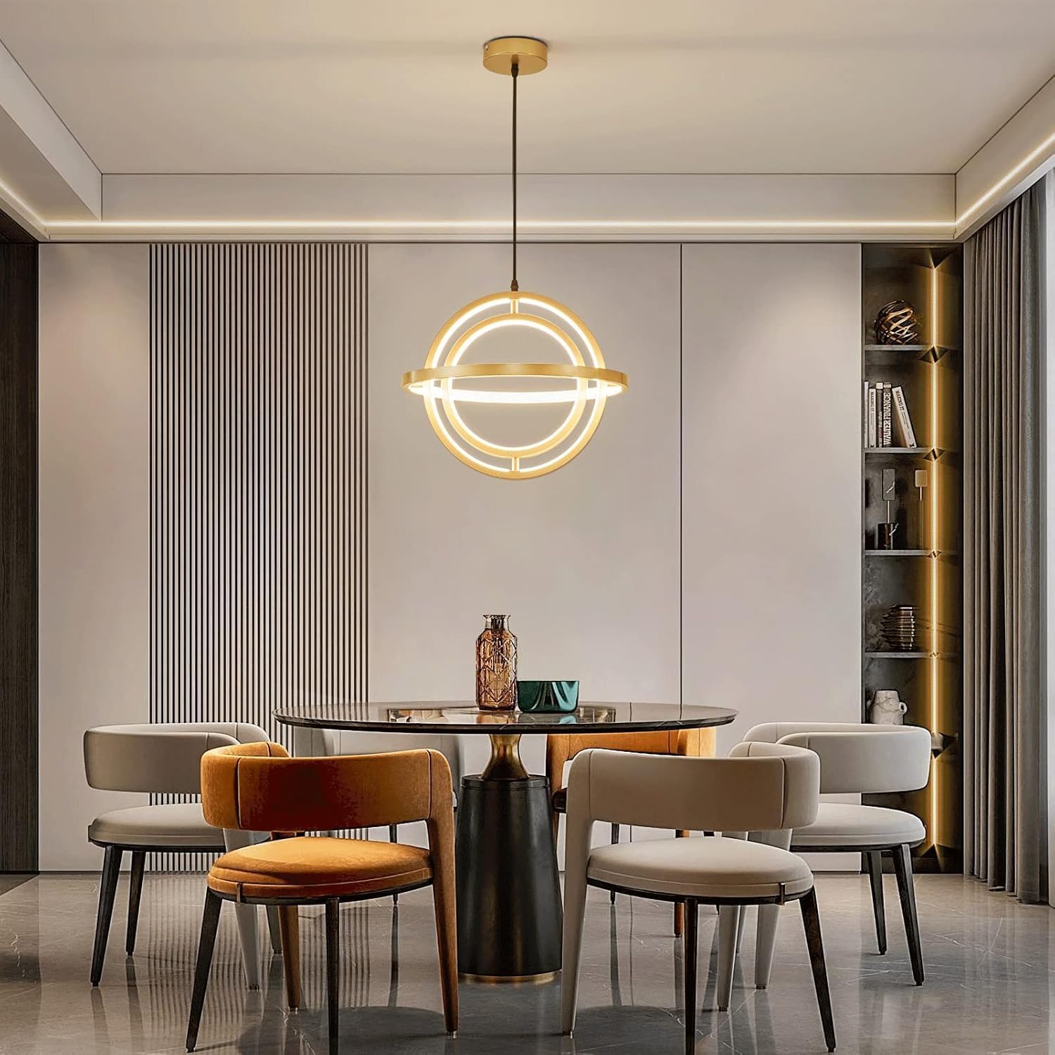 Linear Metal Cage Lamp, Modern Led Dining Room Decorative Lighting Fixture Hanging Light, D Sphel Kitchen Island Suspension Lamps, 360° DIY Adjustment Function,Led Chaners/Neutral Light