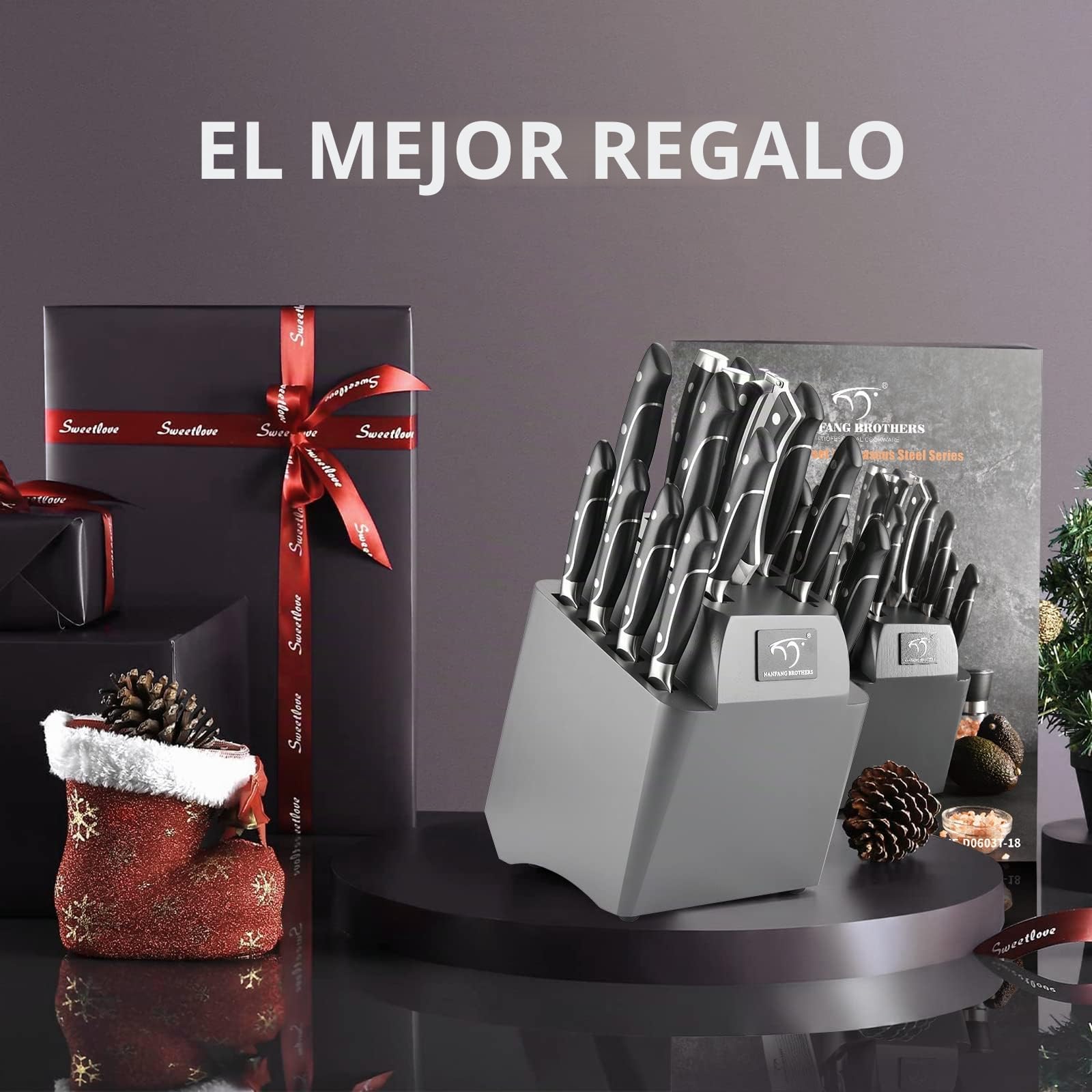 Set De Cuchillos De Cocina De Acero De Damasco Con Mangos Martillados Y Bloque De Madera, Conjunto De 18 Cuchillas De Cuchillos De Acero De Damasco Superior Cuchillo De Cocina Afilado Damasco