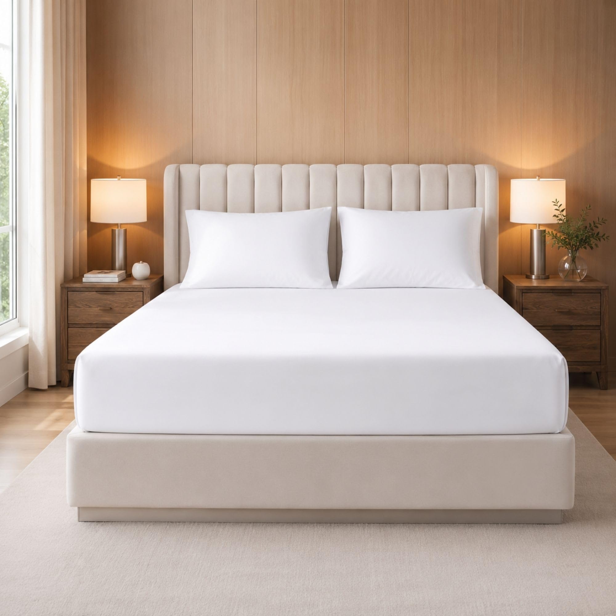 Bloombedding White 100% Egyptian Cotton Double Size Fitted Sheet, 400 Thread Count Extra Deep 35Cm Pocket, Luxury Bedding Set With 2 Pillowcases