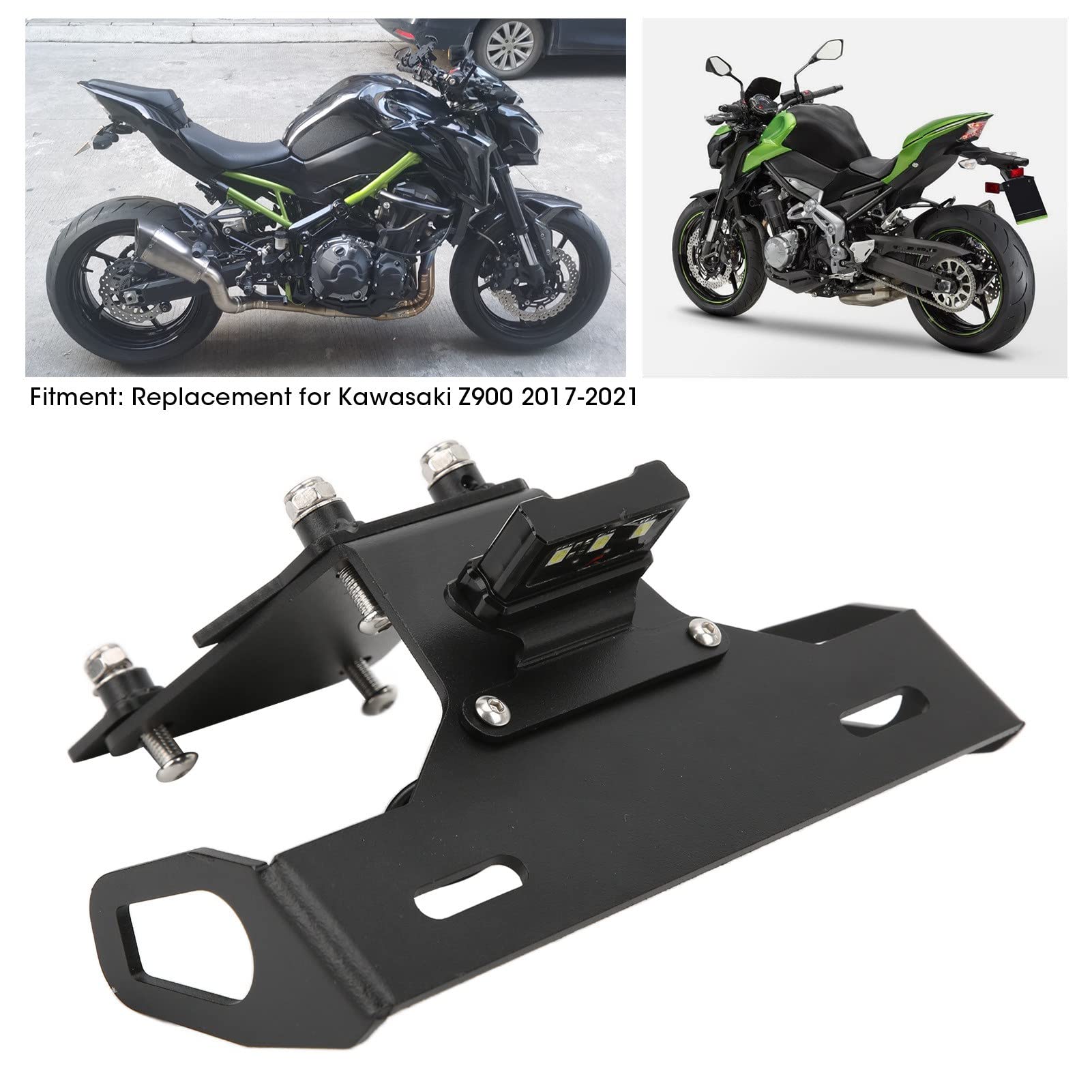 EBTOOLS Soporte para matrícula de Motocicleta de Acero al Carbono Negro con luz LED de Repuesto para Kawasaki Z900 2017‑2021 Soporte para matrícula de Motocicleta