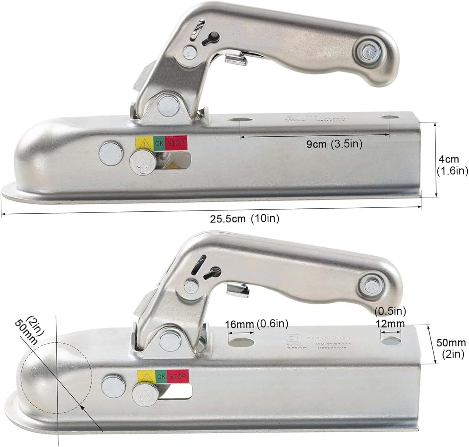 Trailer Tongue, 50mm Trailer Coupler for 2in Ball & Square Drawbar, 800kg Capacity Heavy Duty Hitch Coupler, Galvanized Steel Towing Tongue with Secure Latch