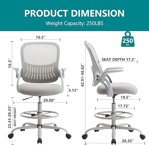 Miniatura 3 de SMUG Silla de dibujo para escritorio de pie, altura de mostrador ajustable, brazos abatibles, ergonómicas de malla con respaldo medio, sillas