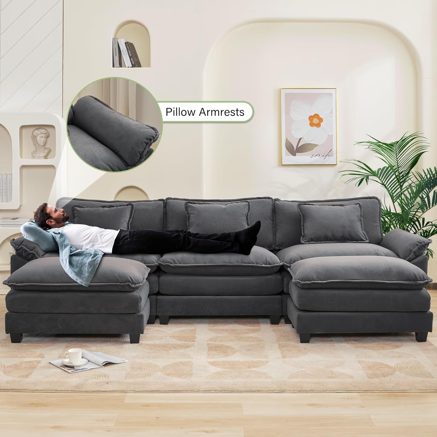 120" Modular Sectional Sofa, Comfy Cloud Couch Sectional Sofa with Ottoman, Chenille Sofa Sleeper Deep Seat Sofa with Throw Pillows for Living Room (Blue Gray, 120"- U Shape) Blue Gray 120"- U Shape