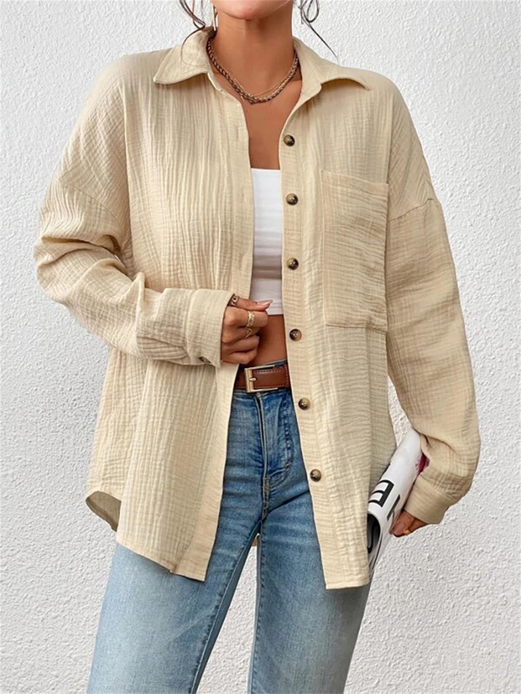 Women's Cotton Casual Shirts Turn Down Collar Long Sleeve Solid Color Tops Office Elegant Loose Blouses