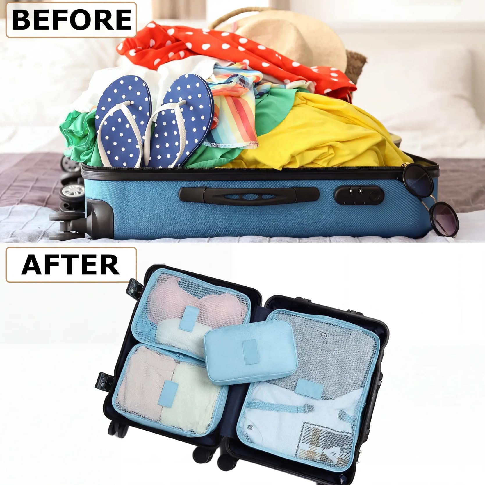 LANSKLBD 6/8 Set Packing Cubes for Suitcases Travel Luggage Packing Organizers,Travel Accessories Essentials Luggage Organizer with Shoe/Tioletry/Laundry Bag (Light Blue, 6 set) view 5