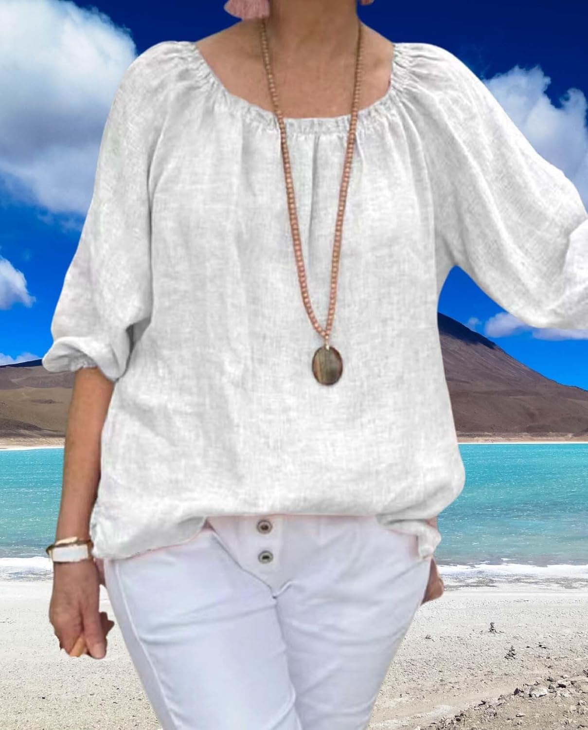 Summer Casual Womens Linen Shirt Round Neck Half Sleeve Linen Loose Pleated Tops Fashion Blouse T Shirt - Image 4