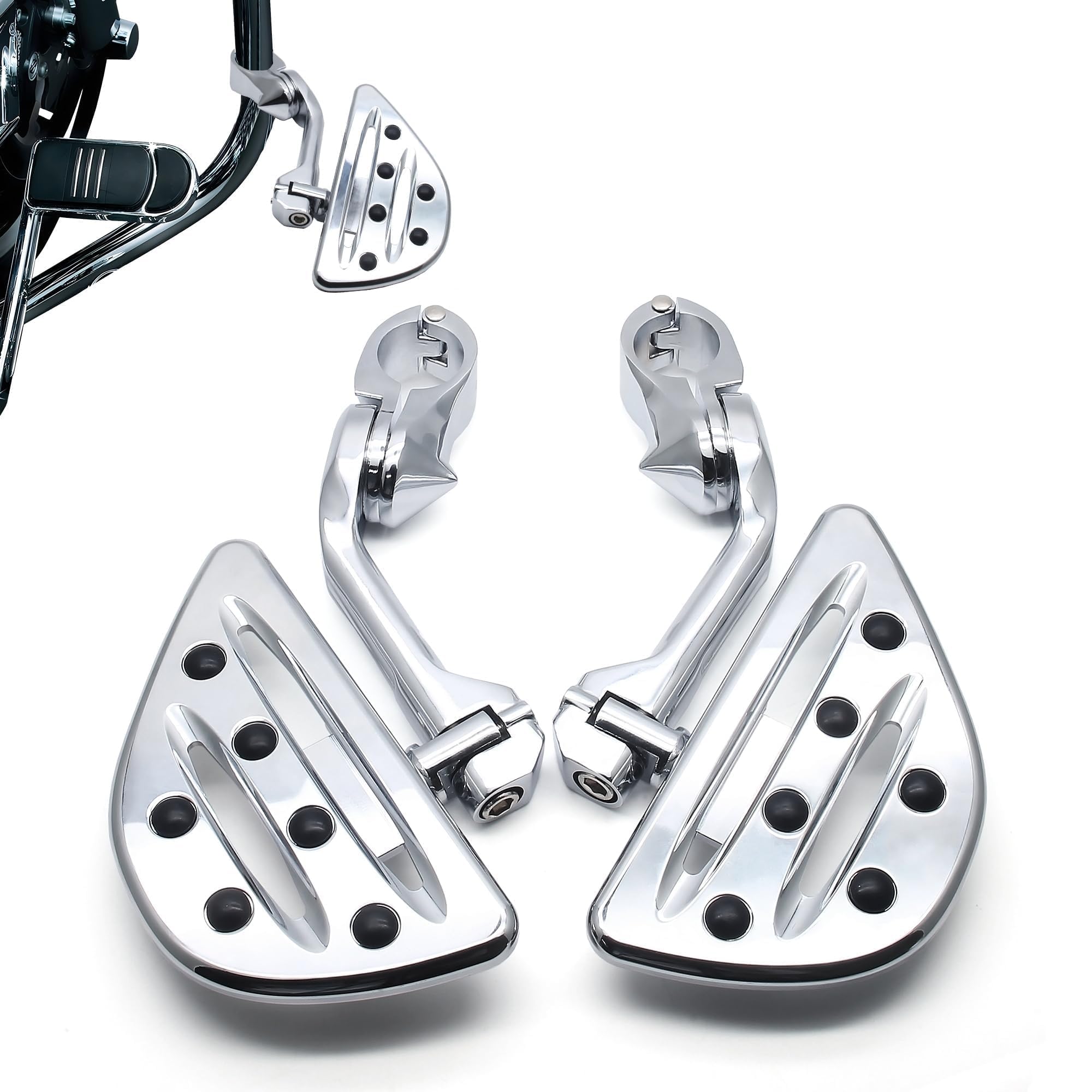 MZS Motorcycle Highway Pegs, 1.25" Long Angled Adjustable Touring Wide Foot Peg Mount Chrome Compatible with Softail Sportster Electra Road Glide Road King Street Glide for 1 1/4 Engine Guards Bar