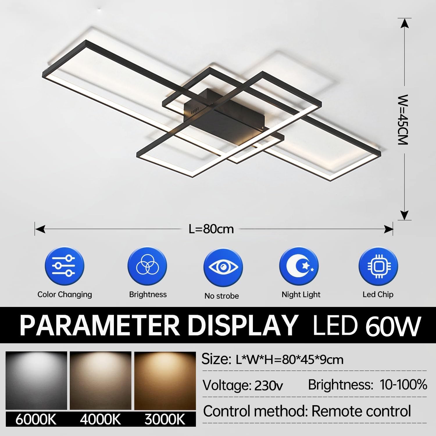 ASJK Lampadario Moderno LED Rettangolare 60W, Illuminazione a Soffitto Multifunzionale Geometrica 3000k-6000k Con Telecomando per Soggiorno (80 cm, Nero)