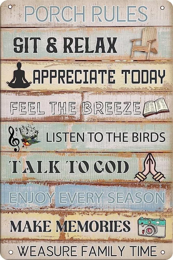 MQXFCZUX Outdoor Humor Sign Aluminum Tin Sign Funny Porch Rules for Backyard Patio Screened Porch Lake House Cabin Novelty Decor 8 X 12 inch
