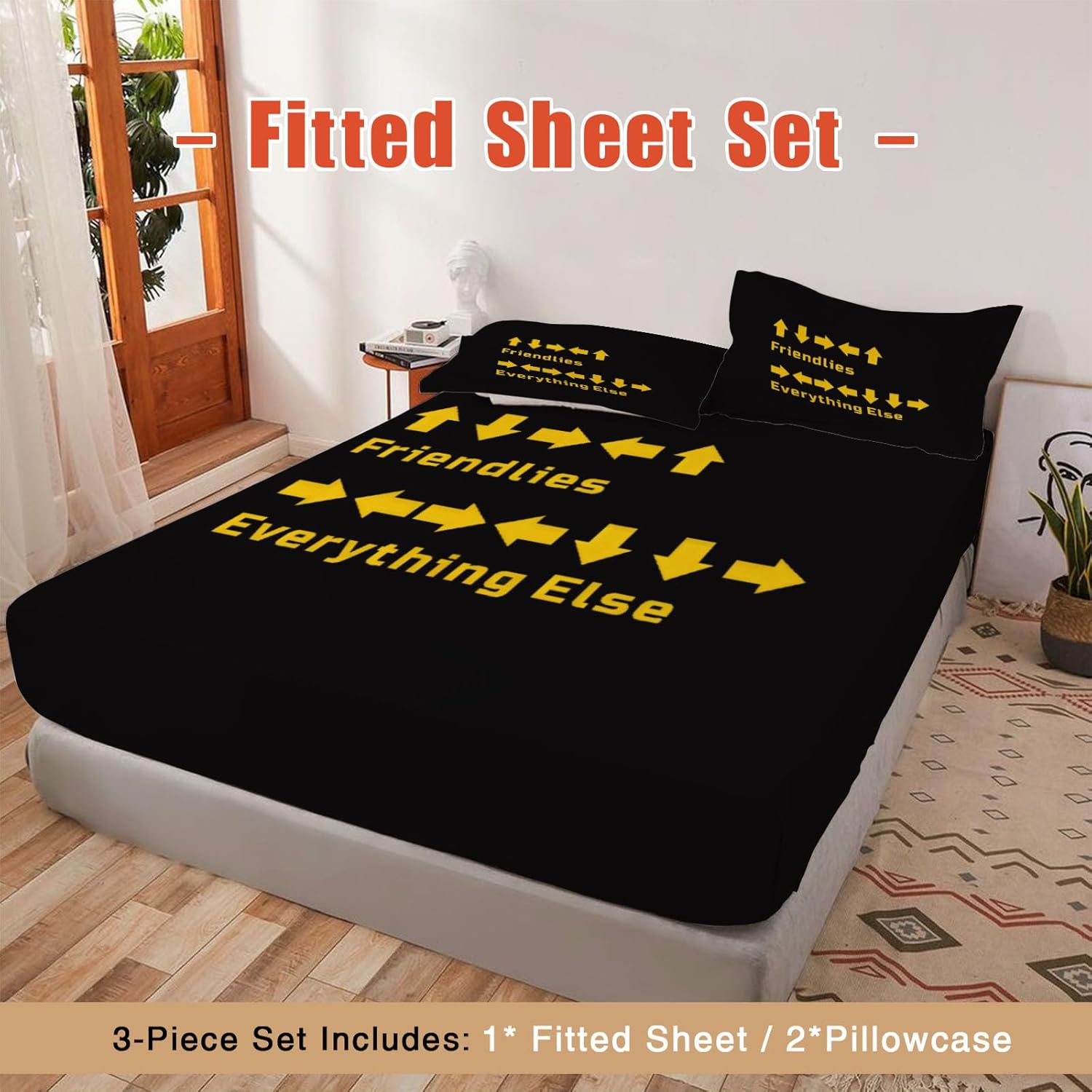 Allenjoy Twin Size Yellow Directional Arrows Fitted Sheet Black Design Bed Sheets Bedding Set Deep Pockets Up to 16" Bedroom Decor with 1 Pillowcase SC00491-006