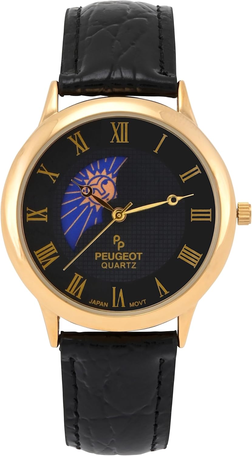 Peugeot Men's 14K Gold Plated Sun Moon Phase Vintage Dress Analog Watch with Leather Strap, Black/Black