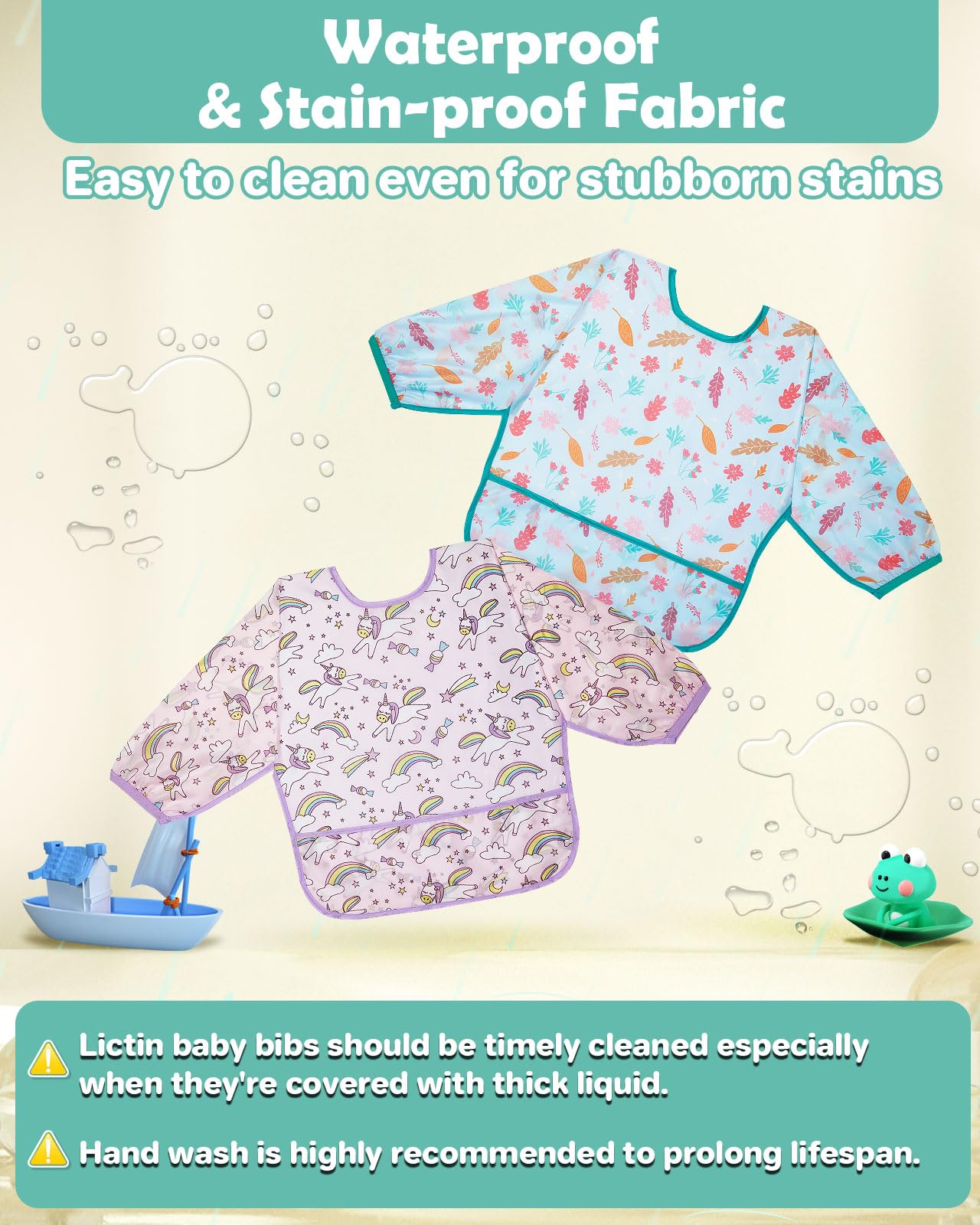 Lictin 5 pezzi Bavaglino a Manica Lunga - Bavaglino Impermeabile per bambini Piccoli Da 6 mesi a 24 mesi bambino,Scollo regolabile