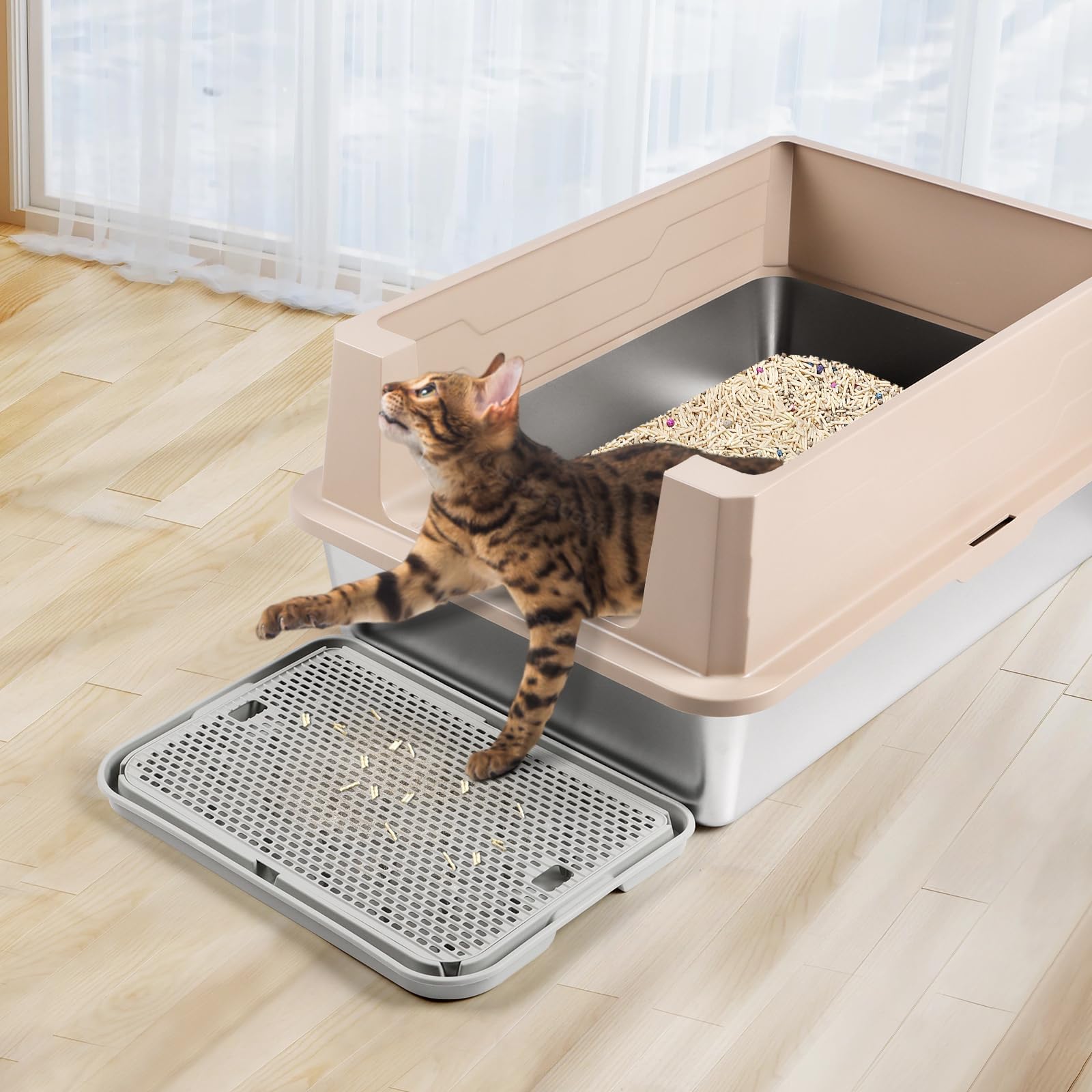 Kalolary Rampa per lettiera per gatti con strato filtrante, gradini antiscivolo per lettiera, ideale per gatti piccoli e anziani, a pedale, resistente, facile da pulire