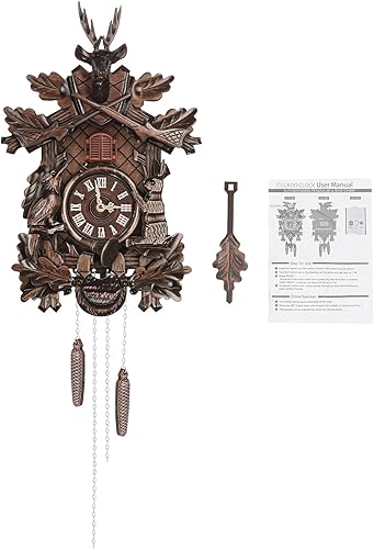 Miniatura 9 de Reloj de pared de cuco retro, reloj de cuco colgante de estilo nórdico bosque, tratamientos de empalme de mortaja y espiga, movimiento puntero de