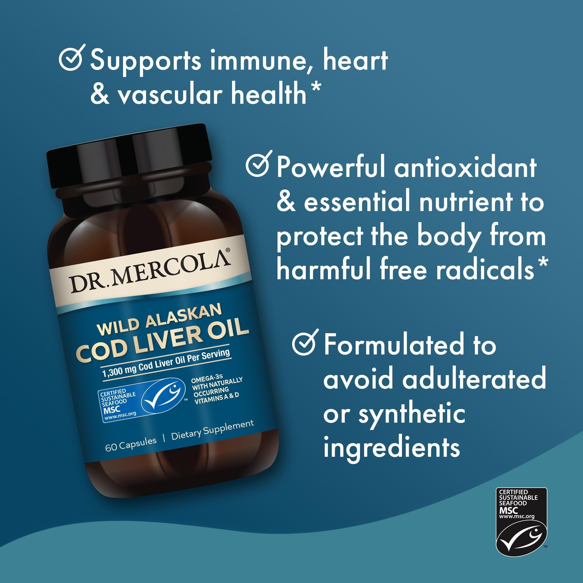 Dr. Mercola Cod Liver Oil, 1,300 mg, 60 Capsules (30 Servings) — Amazon image 4