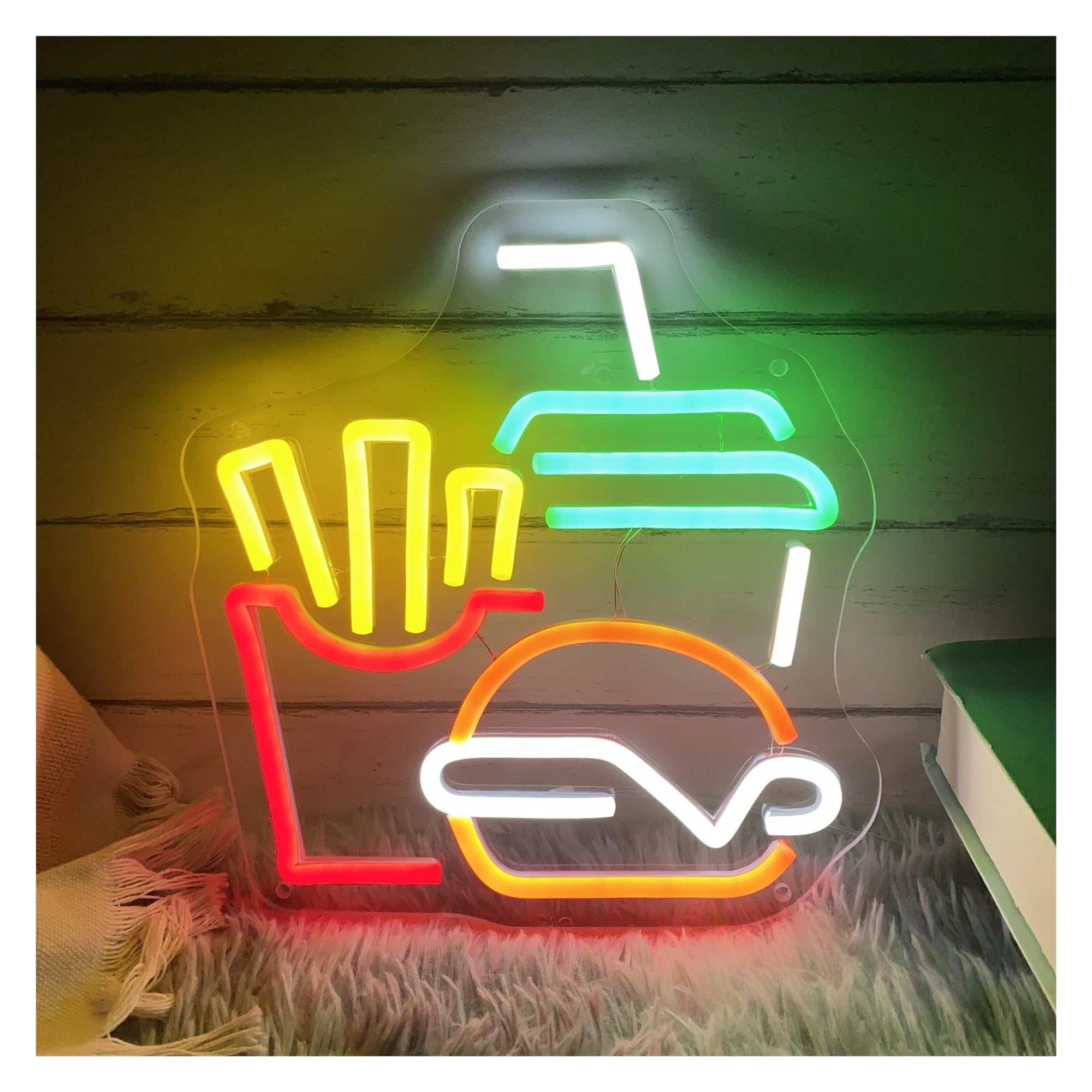SHOUXI Sign Lamp Burger Fries Drinks Neon Sign, Night Light Home Wall Decor Street Fast Food Decoration 40cmx42cm(A)