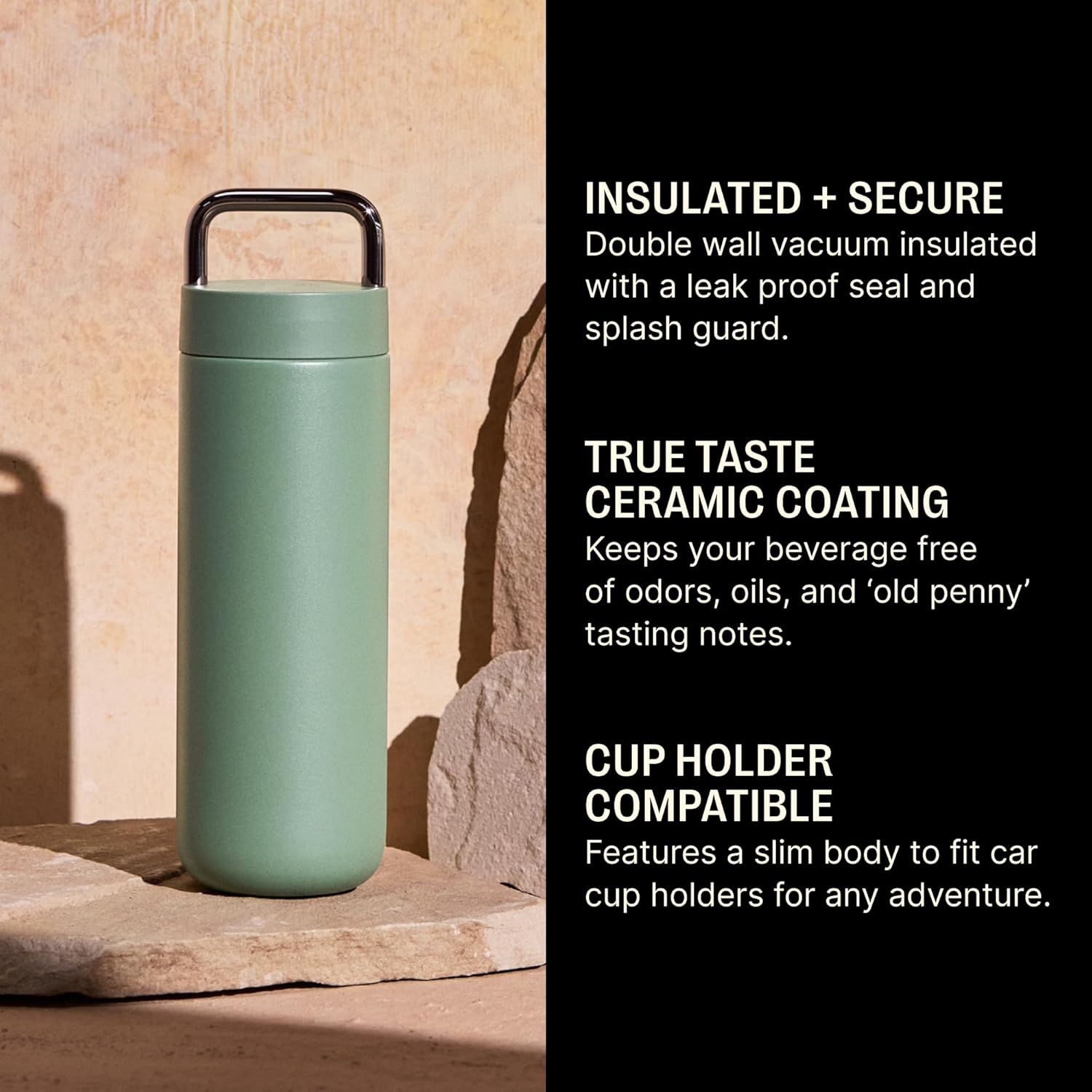 Fellow 20 oz Carter Carry Water Bottle - Leak-Proof Lid, Vacuum Insulated Stainless Steel Tumbler, Keeps Heat for 12 Hours/Stays Cold for 24 Hours, Stainless Steel Handle, Dishwasher Safe,Smoke Green - Image 3
