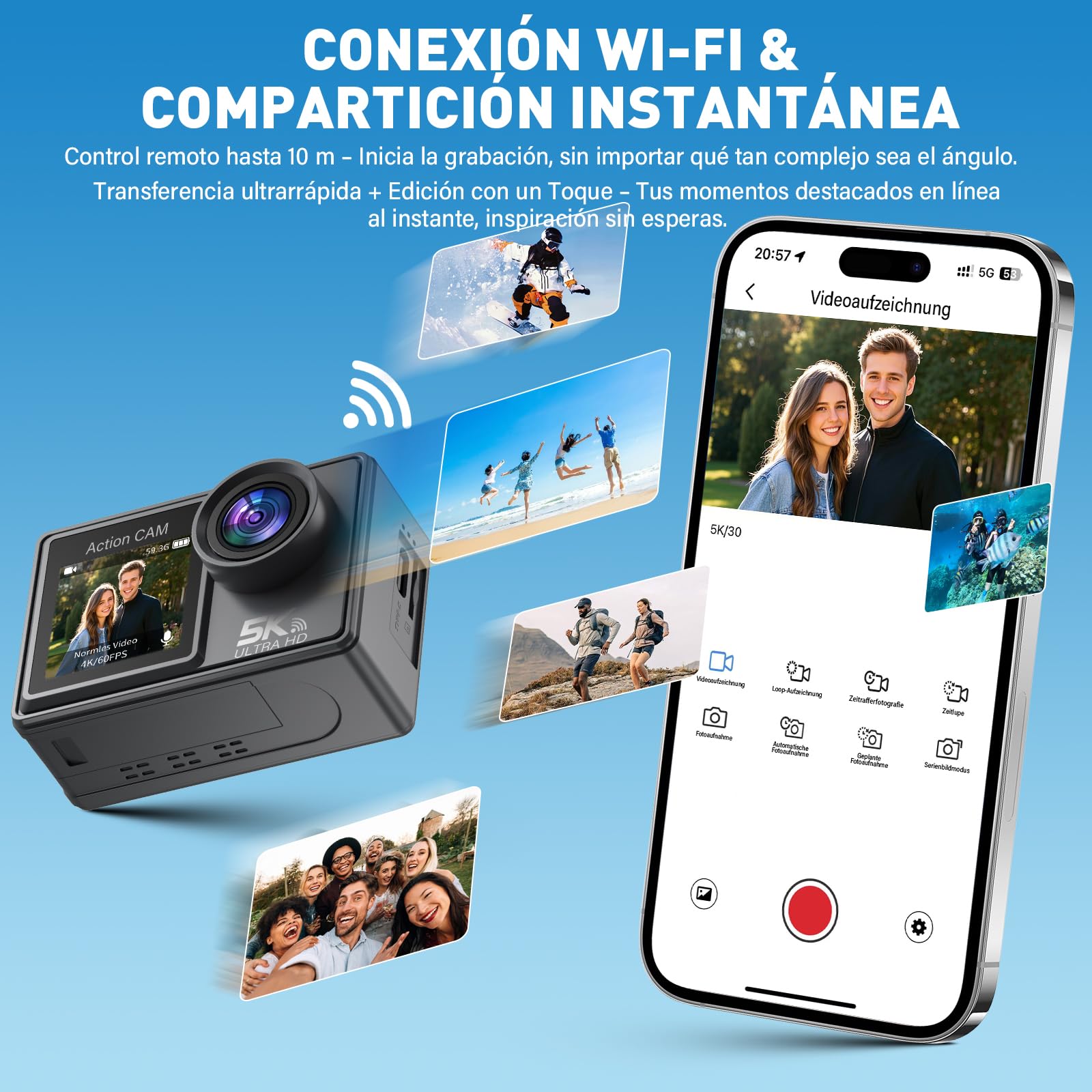 Cámara Deportiva 5K/4K 50MP - Cámara Subacuática 30M con Tarjeta de Memoria de 64GB, Estabilizador EIS, WiFi, 2 Baterías, Gran Angular 170°, Control Remoto, Ideal para Buceo, Casco camara moto
