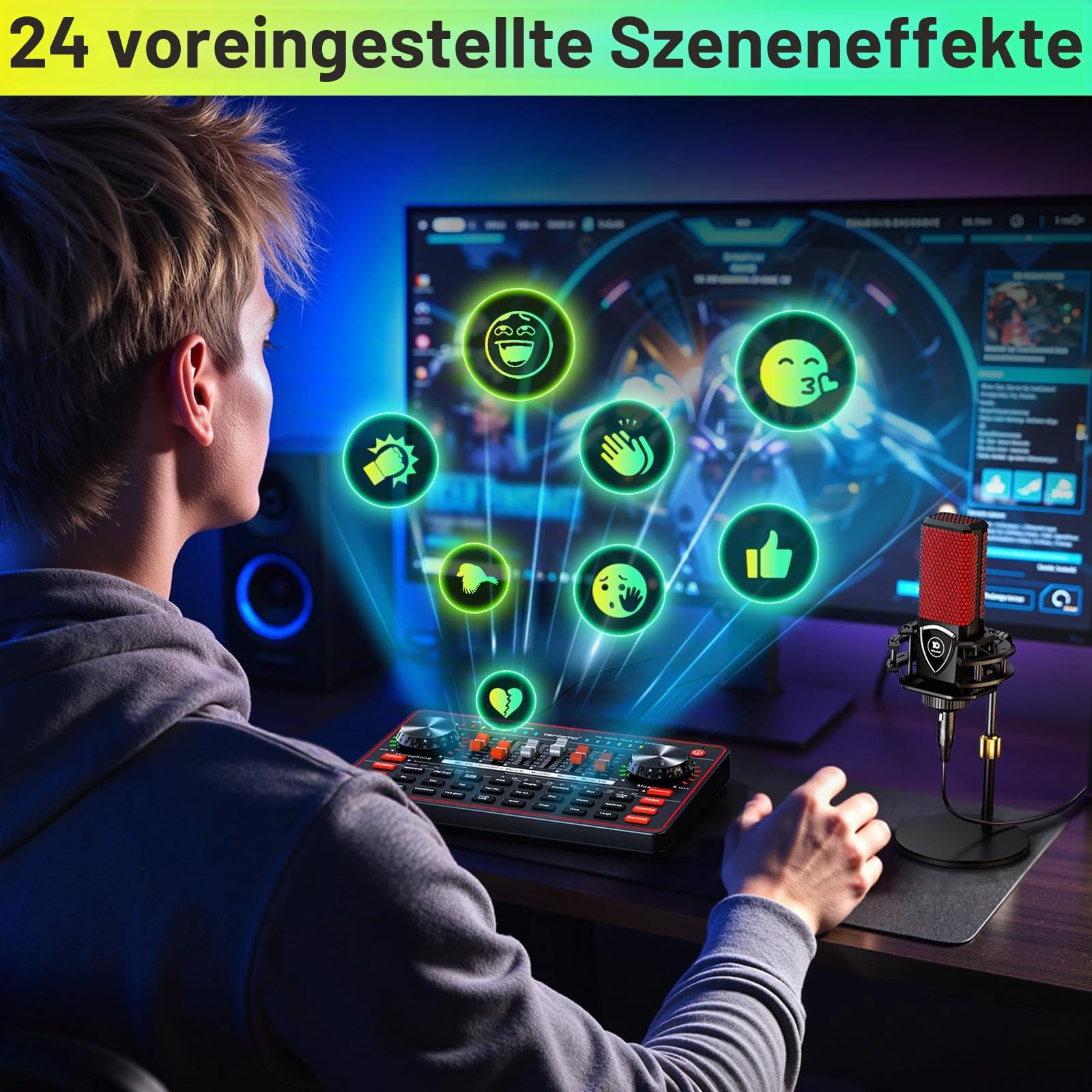 TENLAMP G3 Podcast-Equipment, Audio-Interface mit Soundeffekten, 3,5mm Kondensatormikrofon-Set, Tischstativ, Stimmenverzerrer, Rauschunterdrückung, für PC, Handy, Gaming, Gesang, Live-Streaming