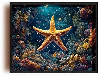 925 Mart (Unframed) (10 X 8 In) Matte Wall Art Print Of Surrealism Poster Featuring A Starfish Constellation In A Coral Reef Teeming With Vibrant Marine Life - Unique Decor For Co. - 925Posmk1065Cwh
