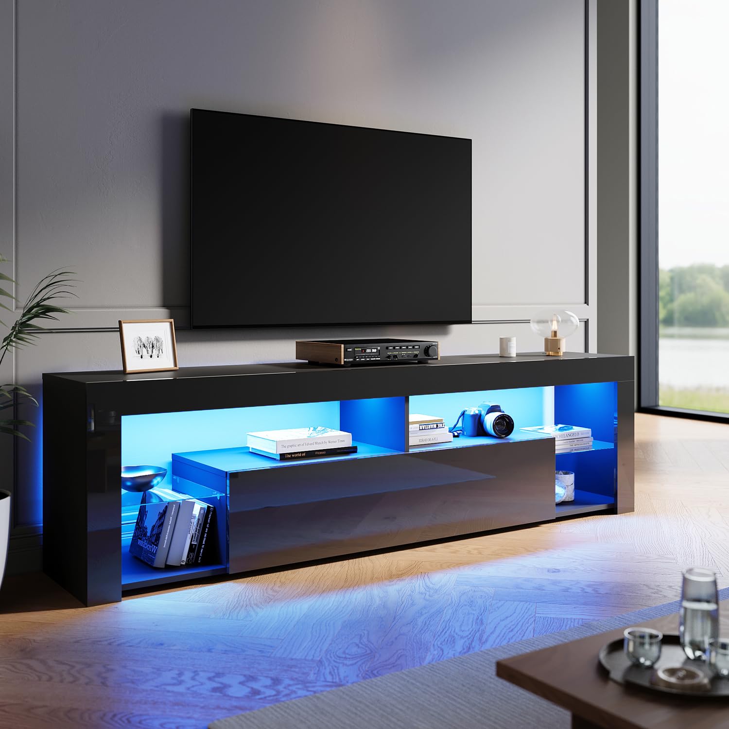 ZANOFIRA TV Stand Cabinet with 16 RGB LED Lights, High Gloss Black TV Stand with Large Storage, 1 Drawer & 2 Glass Shelves for Living Room, Bedroom 1800 x 350 x 505mm