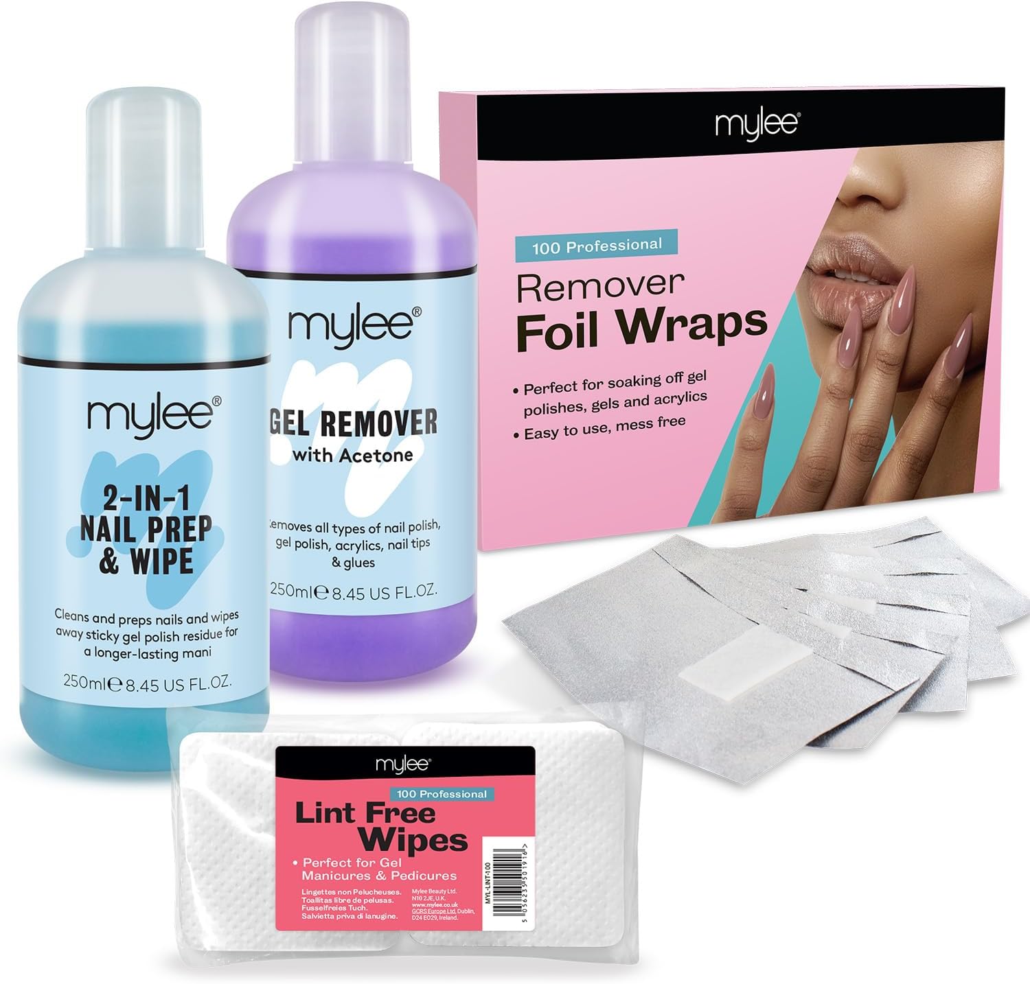 Mylee Gel Polish Losweken Set – Nagel Prep & Wipe, Remover, 100 Wraps, 100 Pluisvrije Doekjes