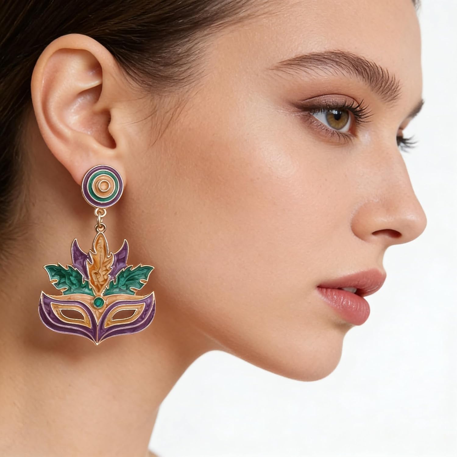 Mardi Gras Mask Hat Earrings for Women, Enamel Carnival Festival Drop Dangle Earrings, Purple Green Gold Party Statement Jewelry Gift - Image 3