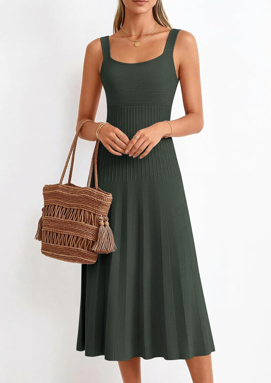 PRETTYGARDEN Spring Dresses for Women 2026 Summer Casual Sleeveless Square Neck A Line Knit Pleated Midi Cocktail Party Dress - Image 4