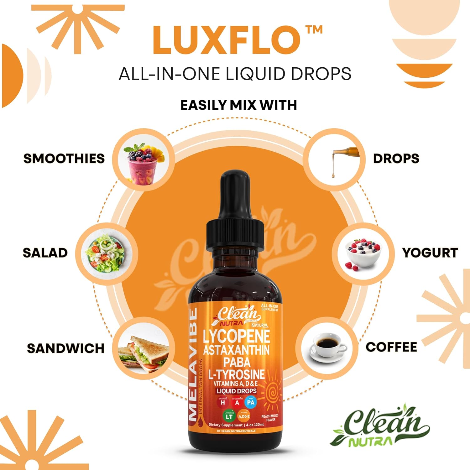 MelaVibe Astaxanthin Internal Tanning Liquid Drops Lycopene PABA L-Tyrosine Grape Seed Extract Vitamin a c d Drops VIT E AMLA Flax Seed Omega 3 Copper Peach Mango Flavor by Clean Nutra - Image 7