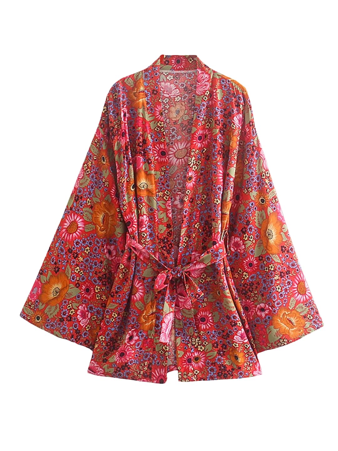 Disimlarl Boho Vintage Rosso Floreale Stampa Fusciacche Kimono Donne Bohemian Scollo A V Maniche A Pipistrello Abito corto Bikini Cover-Ups