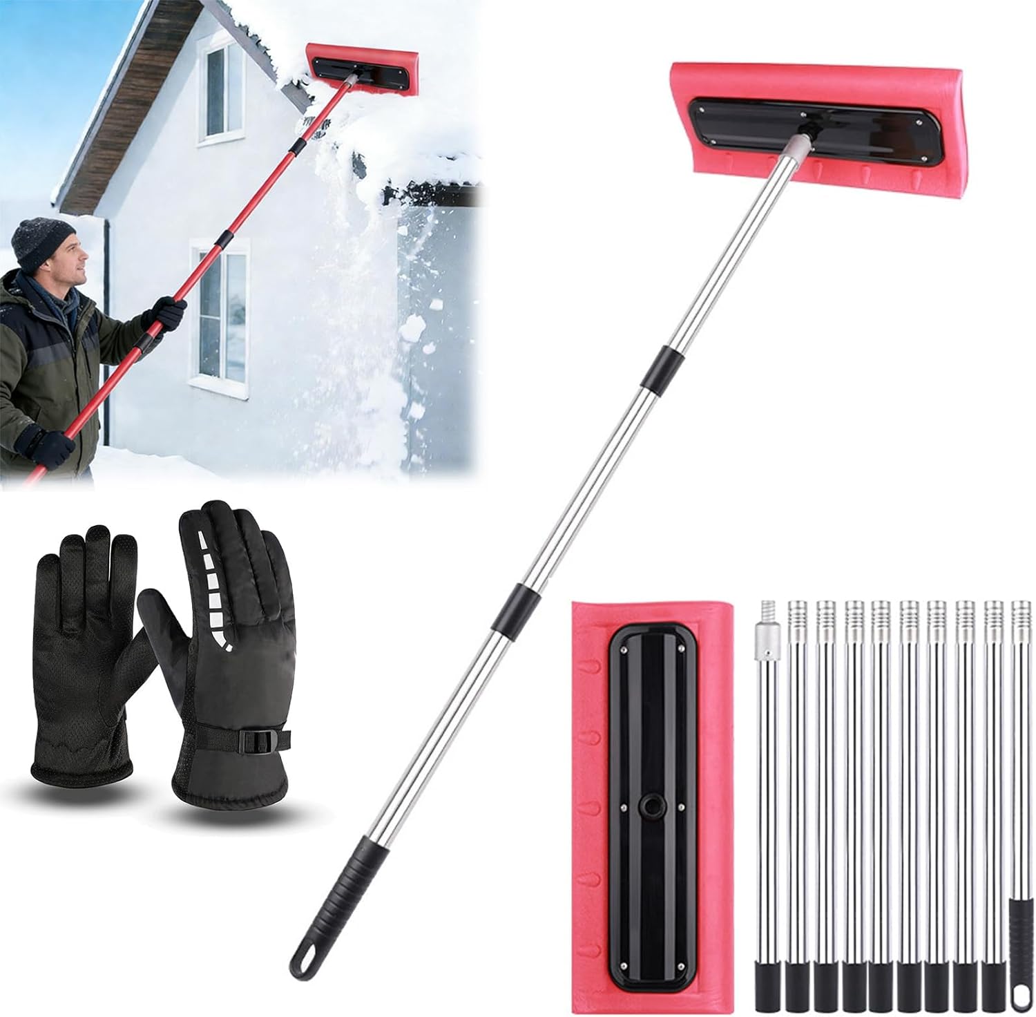 Adjustable Telescoping Snow Roof Rake, 78-157 in Snow Rake for House Roof Telescoping, Roof Rake Snow Removal Tool with EVA Push Plate for Roof Car Outdoor Snow Cleaning (157.5inch)