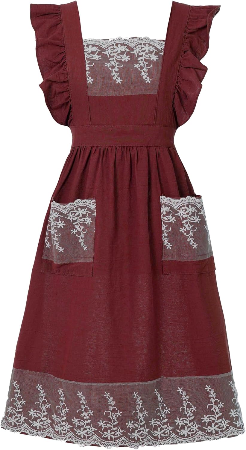 Aoomzoon Vintage Aprons for Women with Lace Ruffle, Cooking Kitchen Baking | Adjustable Pinafore Apron with Cross Back, 33.8" x 30.7" Full Coverage with Pockets for Gardening Grilling, Gifts for Women