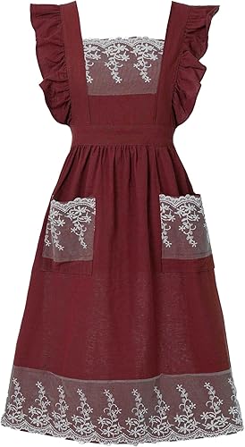 Delantales vintage para mujer con bolsillos, lindo delantal ajustable de encaje con volantes para cocinar, cocina, hornear, jardinería