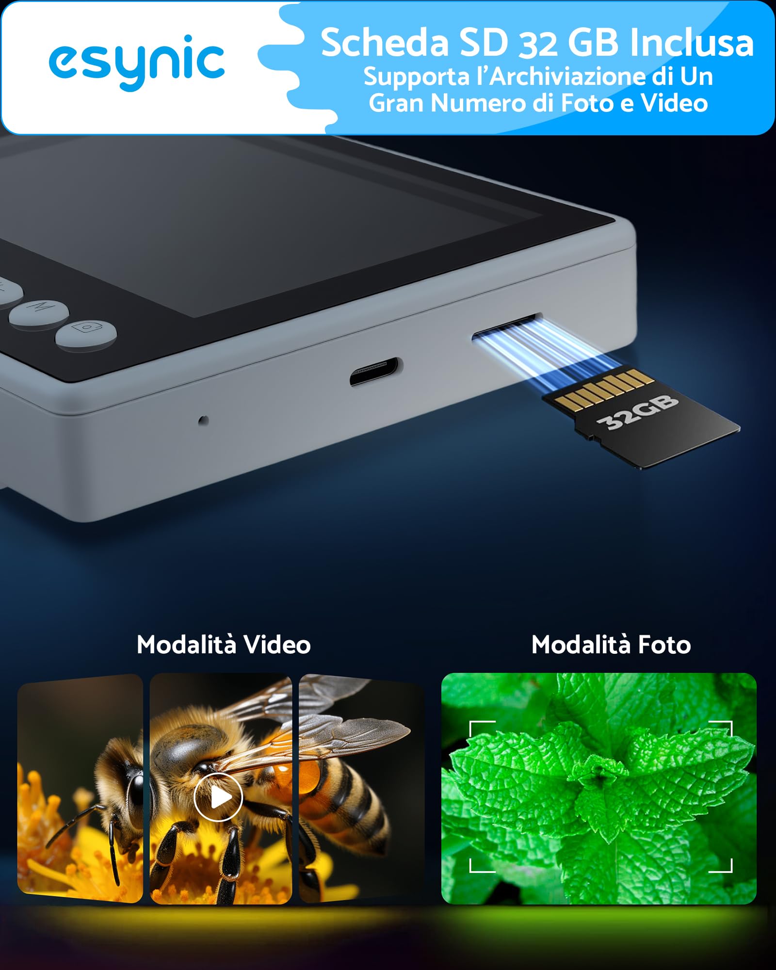 eSynic IPS 4.5" Microscopio Digitale Ricaricabile, Ingrandimento 5X-1000X, 8 LED Regolabile + 2 Fari a Tubo Flessibile, USB Microscopio con 32GB di Memoria, Fotocamera 1080P, Compatibile Windows/MacOS
