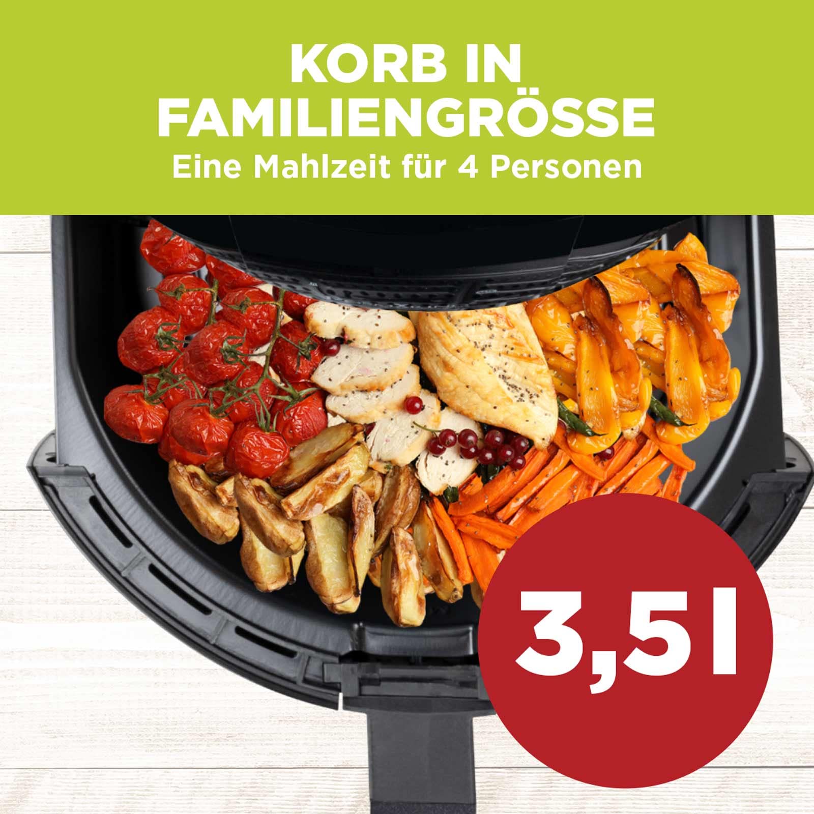 ROSMARINO Frytkownica beztłuszczowa, 3,5 l, XL, Air Fryer z cyfrowym ekranem dotykowym LED, 9 programów, podgrzewanie wstępne i utrzymywanie ciepła, tryb shake, 100 przepisów po niemiecku, 1500 W