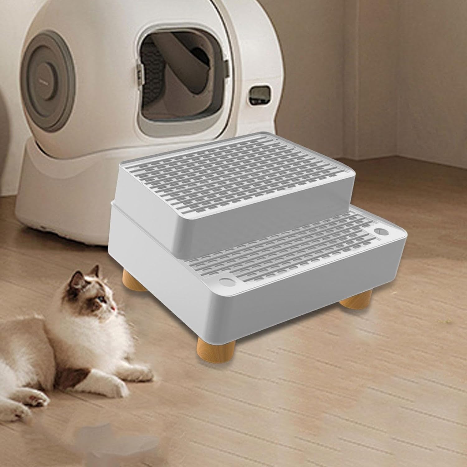 2 Ramp, Removable Step Stool with Mat, Waterproof Material and Non-Slip Bottom for Pet Cat, Kitten, Light Grey