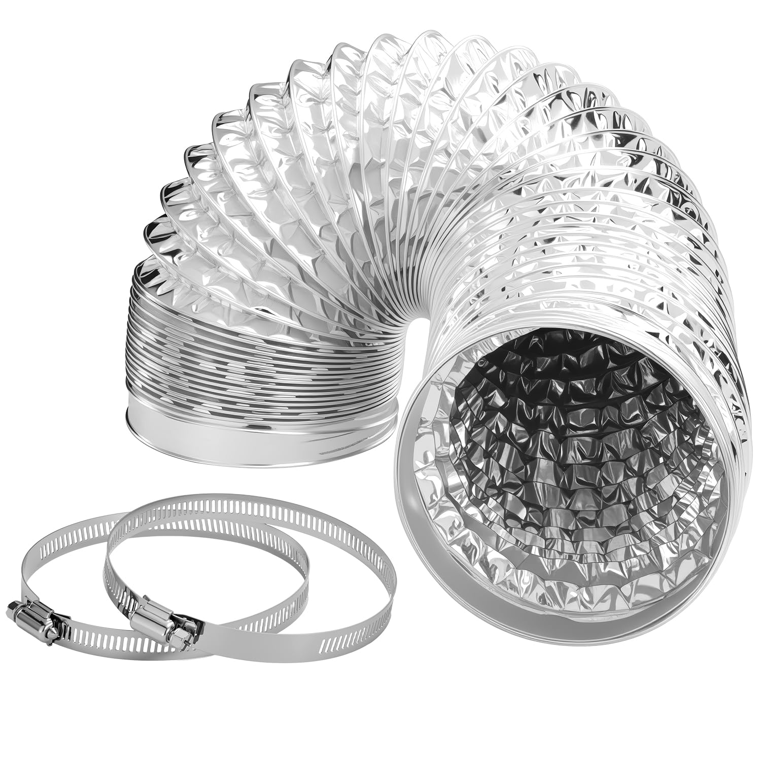 4 Inch 3 FT Flexible Dryer Vent Hose, 6-Ply Aluminum Foil Dryer Vent Kit with 2 Clamps for HVAC Ventilation Silver PVC