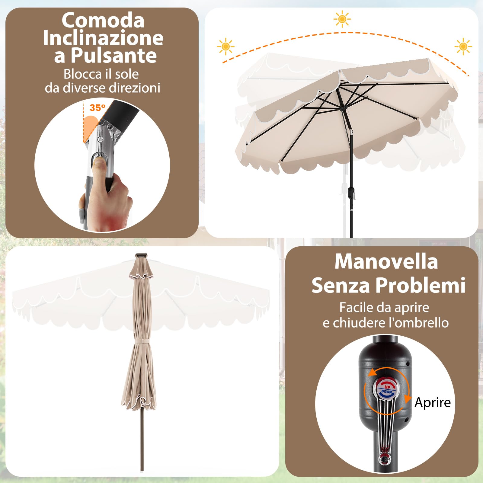 COSTWAY Ombrellone da Giardino 300 cm, con 24 Luci LED Solari, Inclinazione Regolabile, Manovella, 8 Stecche, Anti-UV, Top Ventilato, Idrorepellente, Giardino Piscina Patio (Beige)