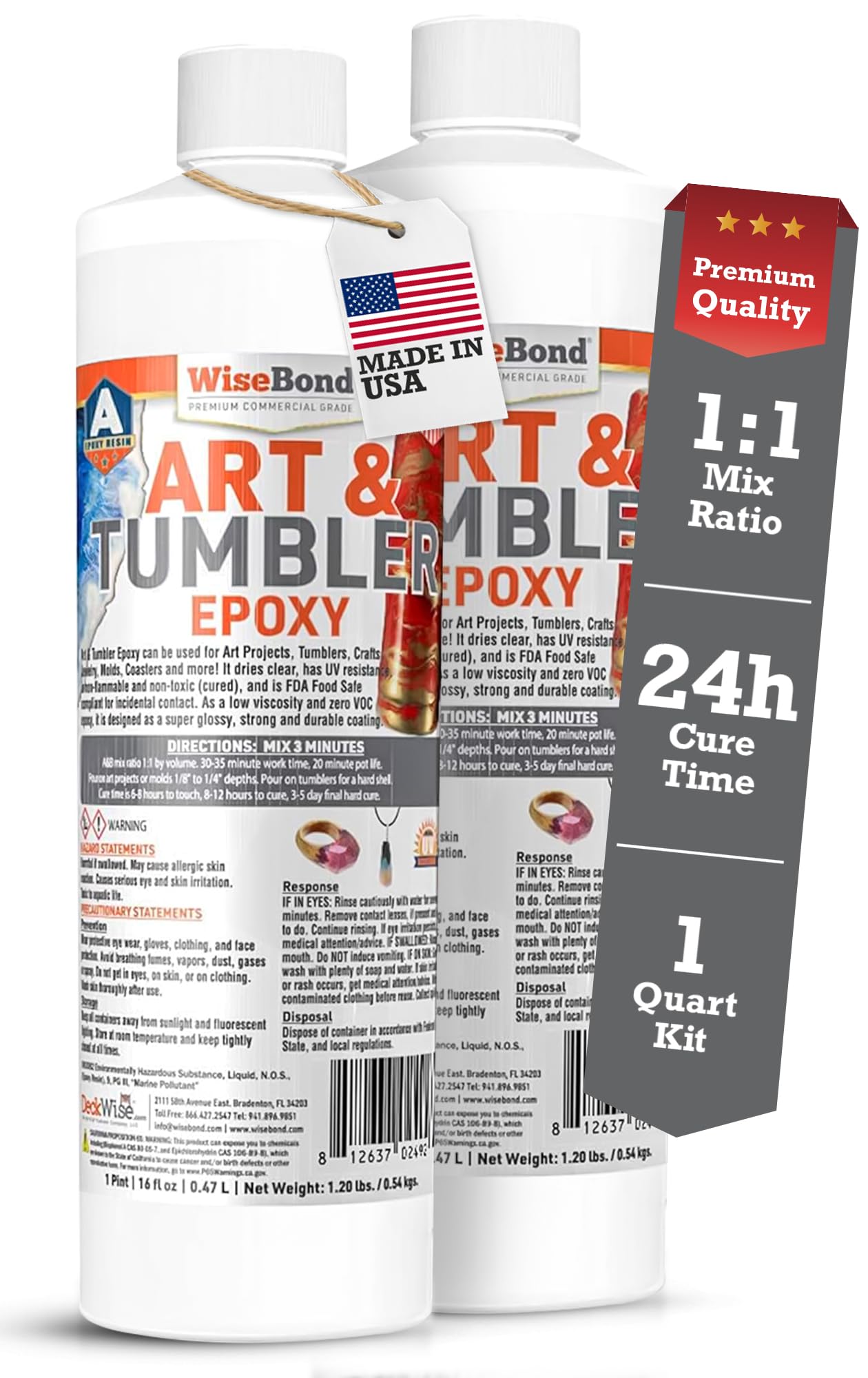 WiseBond Art & Drink Tumbler Epoxy 1-Quart Kit, Crystal Clear Resin, High Gloss Coating, Jewelry, Craft Resin, Molds, Coasters, Food Grade Compliant, Self Leveling, Low Odor