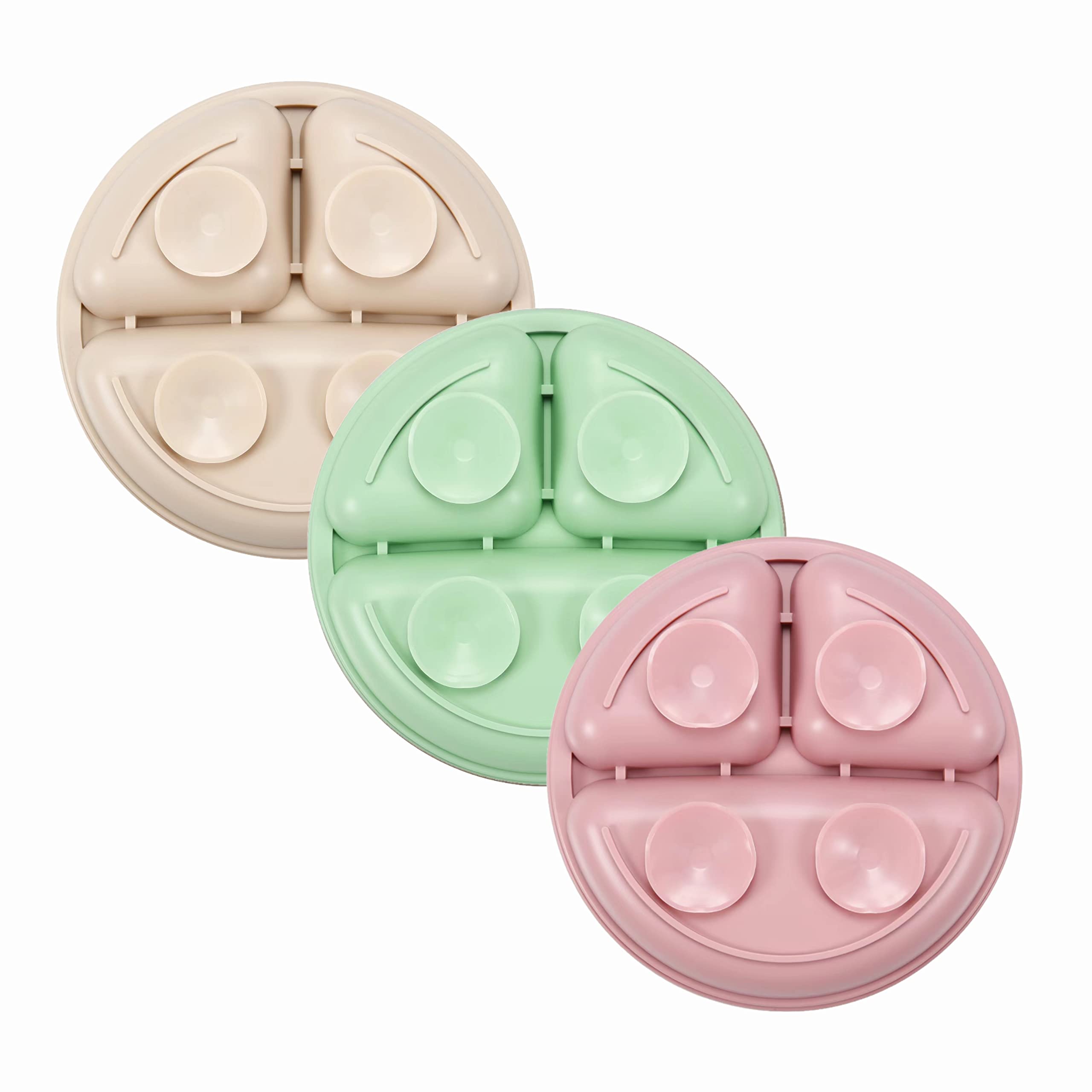 PandaEar Assiettes à succion en silicone pour bébés et tout-petits, lot de 3 assiettes divisées incassables avec couvercle - Lavable au lave-vaisselle et au micro-ondes (Rose Vert Beige clair)
