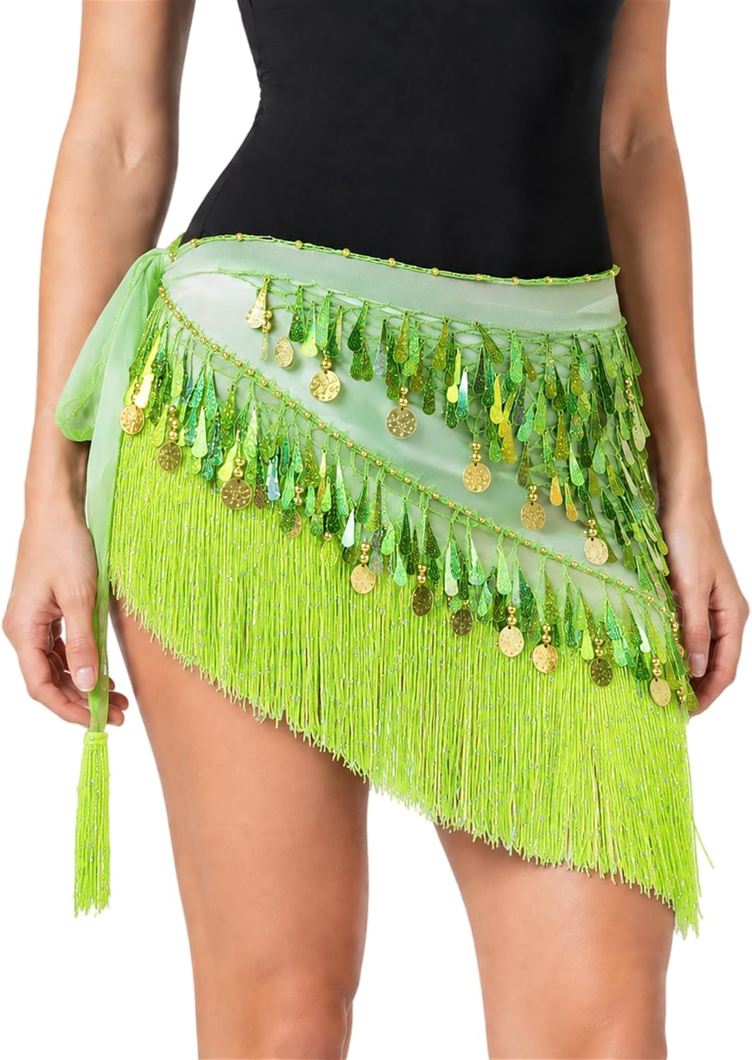 MUNAFIE Belly Dance Hip Scarf for Women, Sequin Fringe Wrap with Plastic Coins and Tassels for Costumes and Festivals