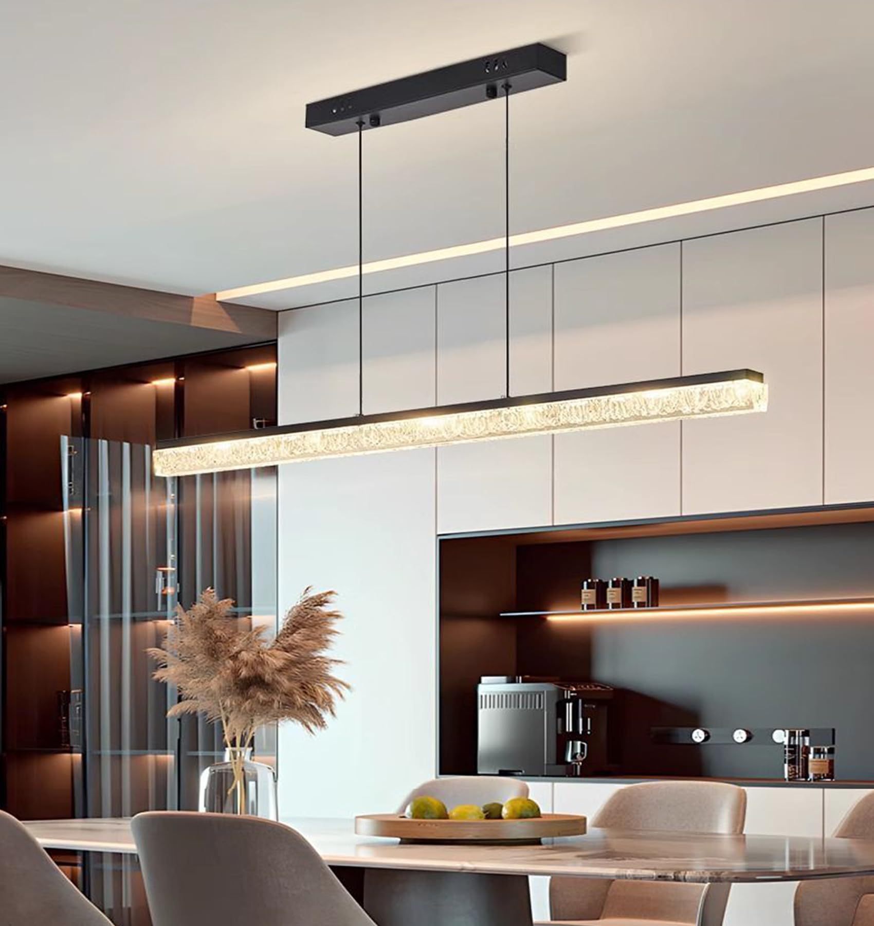 150cm Moderne LED Pendelleuchte esszimmer dimmbar hängelampe esstisch schwarz,Linear design hängeleuchte mit Fernbedienung,Esszimmerlampe hängend Höhenverstellbar Esstischlampe,Bürolampe (150cm/60w)