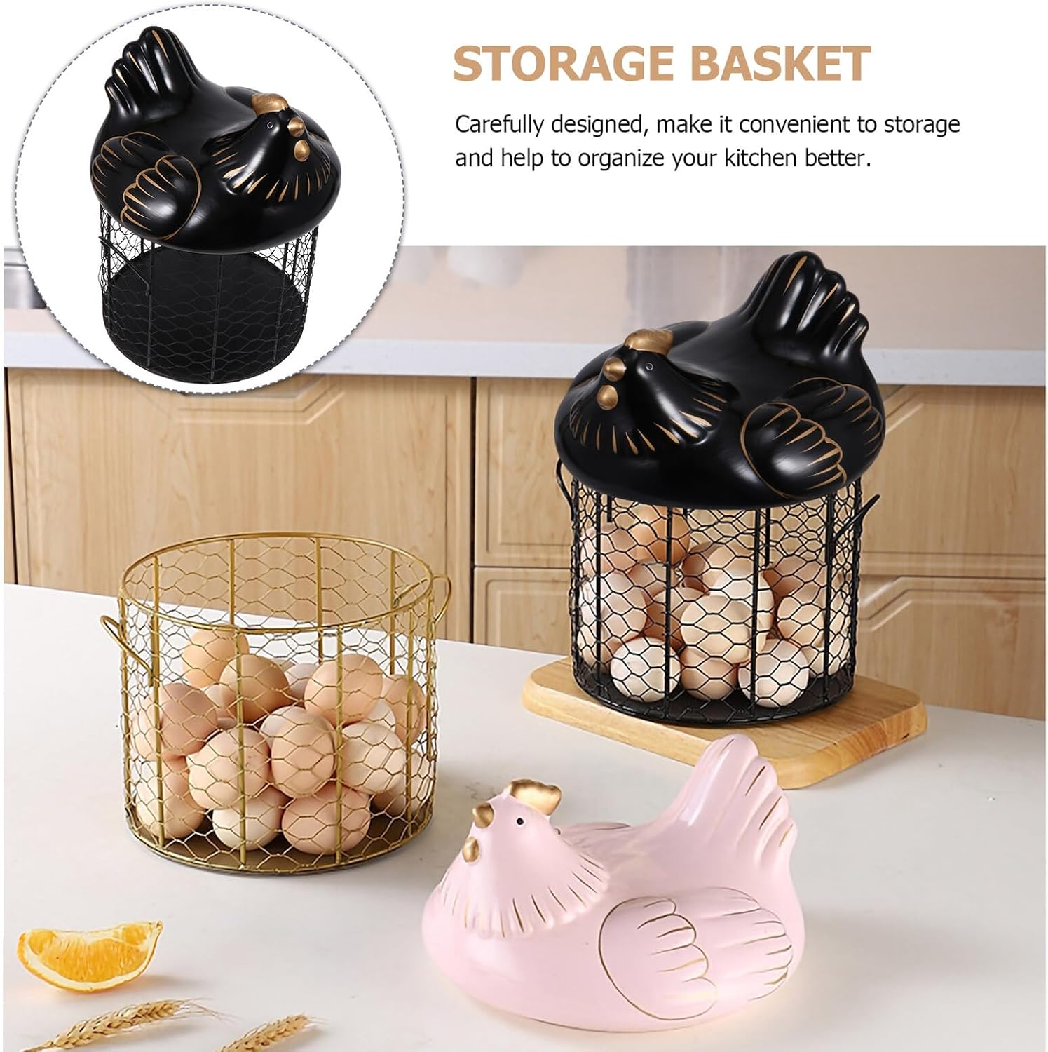 Ceramic Egg Storage Basket with Lid, Black and Gold Kitchen Storage Basket for Eggs and Fruits, Covered Creative Kitchen Accessory for Home Organization