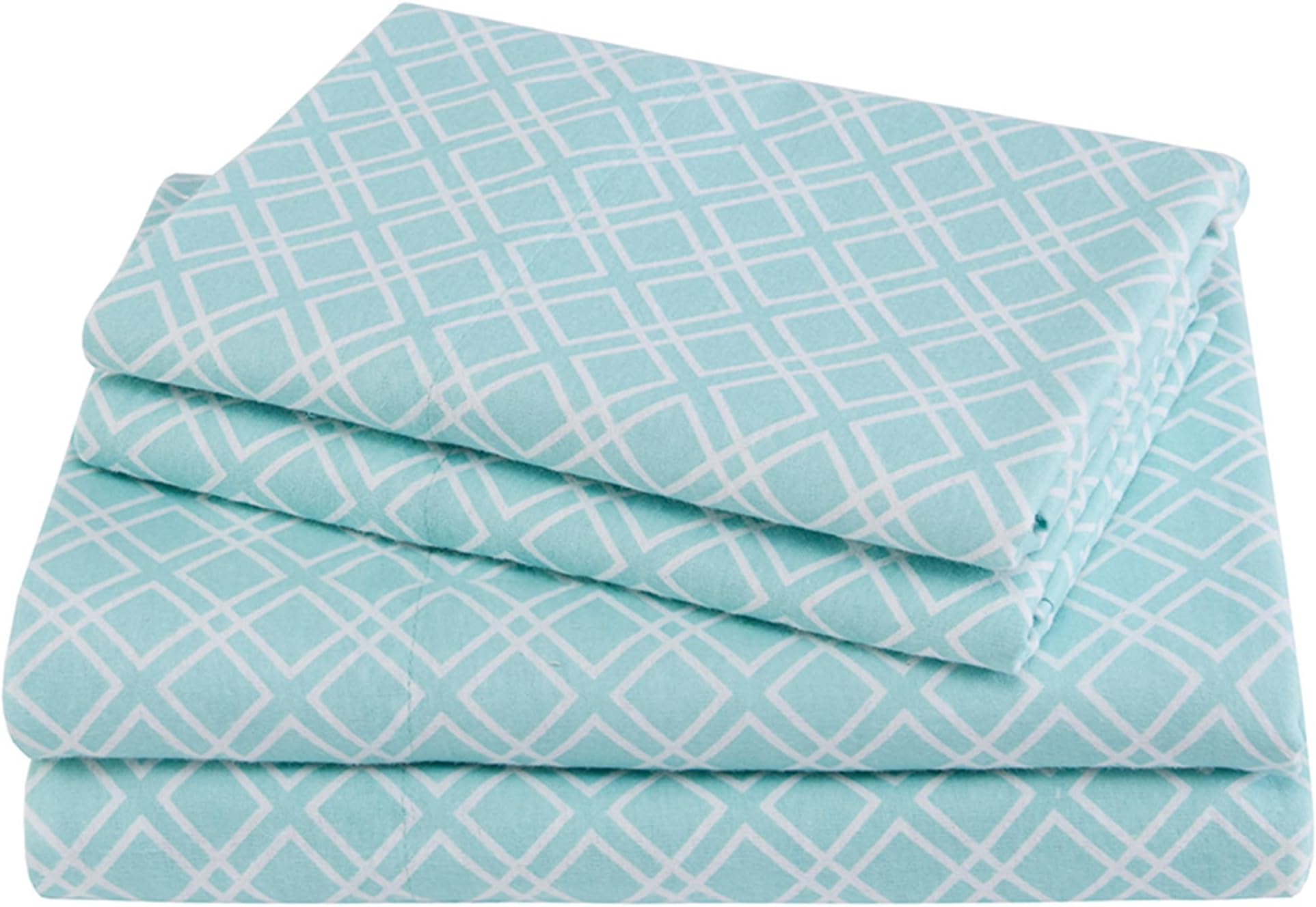 Comfort Spaces Cotton Flannel Sheets Full Size, Ultra Soft Flannel Sheet Set with 12" Elastic Pocket , Breathable Warm Flannel Bedding, Aqua Geo 4 Piece