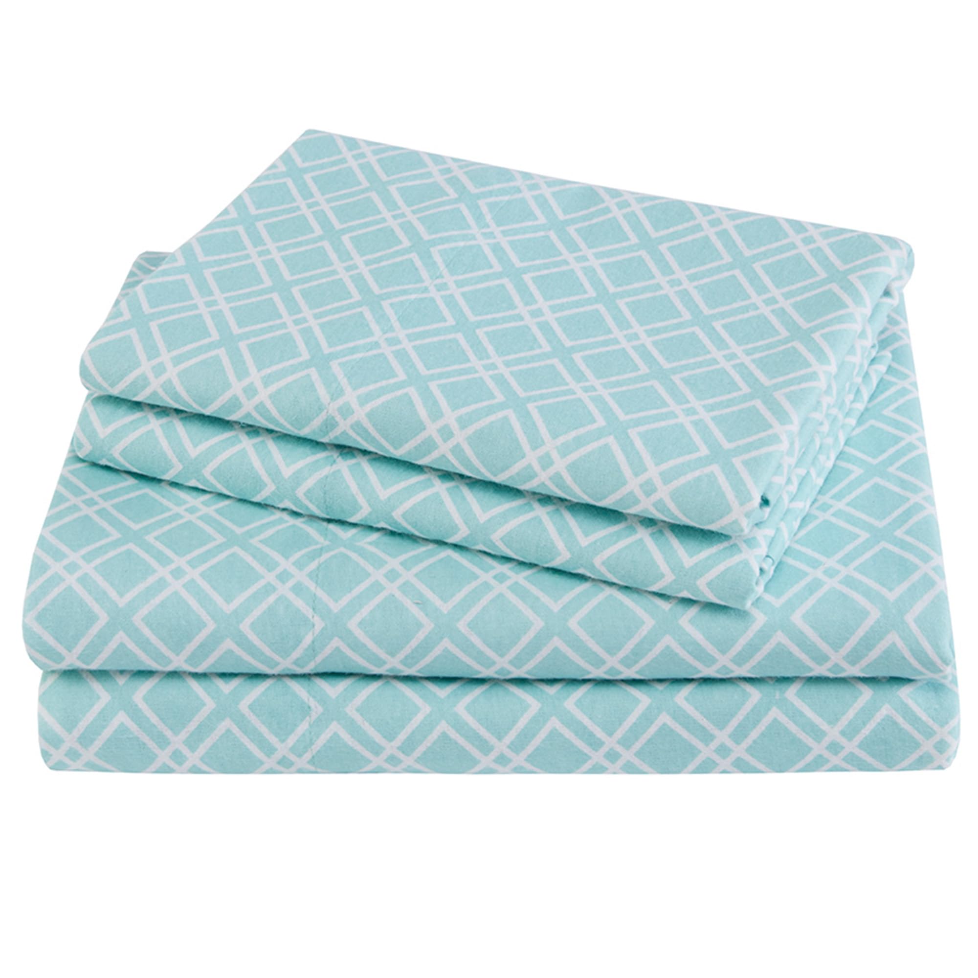 Comfort Spaces Cotton Flannel Sheets Full Size, Ultra Soft Flannel Sheet Set with 12" Elastic Pocket Fits up to 14" Mattress, Breathable Warm Flannel Bedding, Aqua Geo 4 Piece