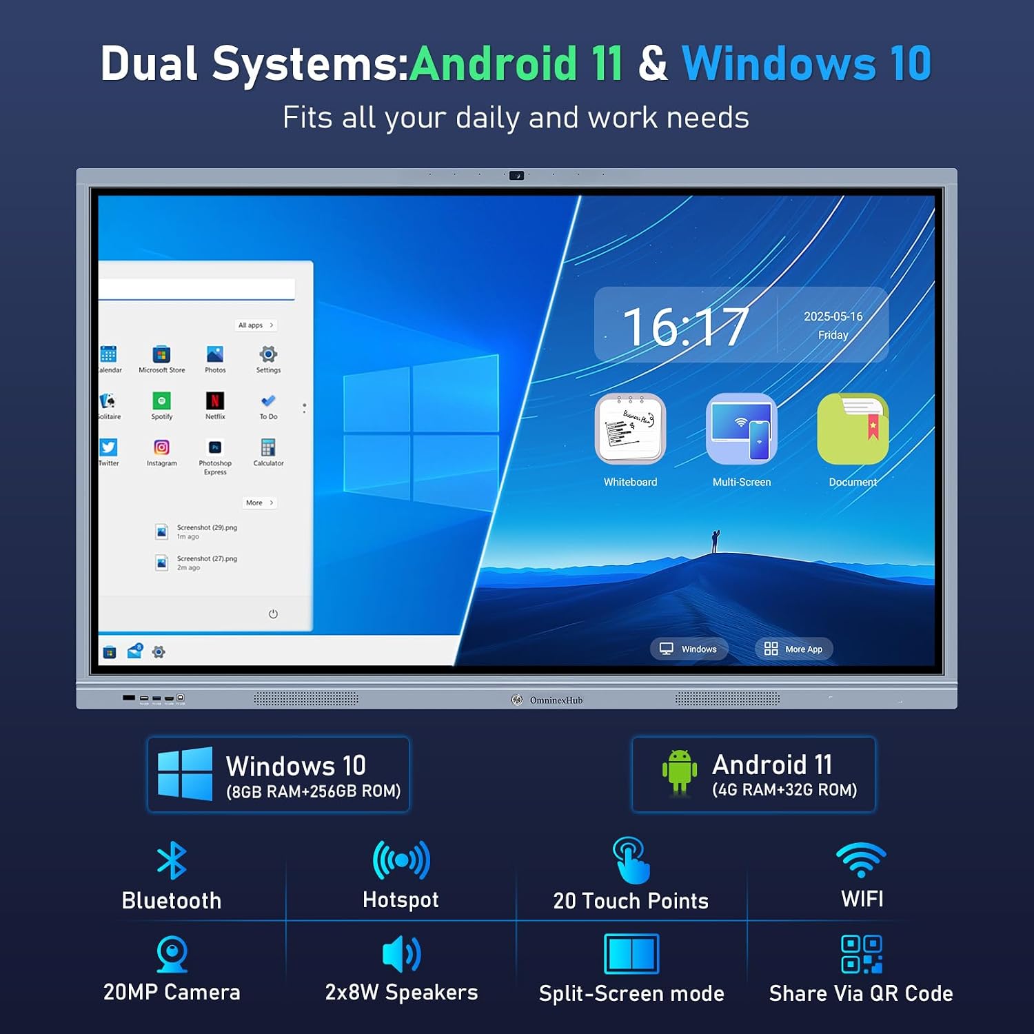 65" Smart Board, Interactive Whiteboard, 4K UHD Touch Screen Digital Board, Digital Electronic Smartboard with Dual System, for Classroom,Office & Conference Rooms (Wall Mount Included)